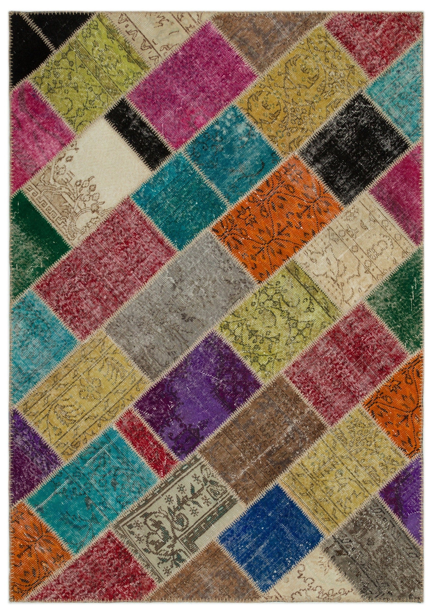 Iskece 21641 Beige Patchwork Wool Handmade Area Rug 5'3" x 7'8"