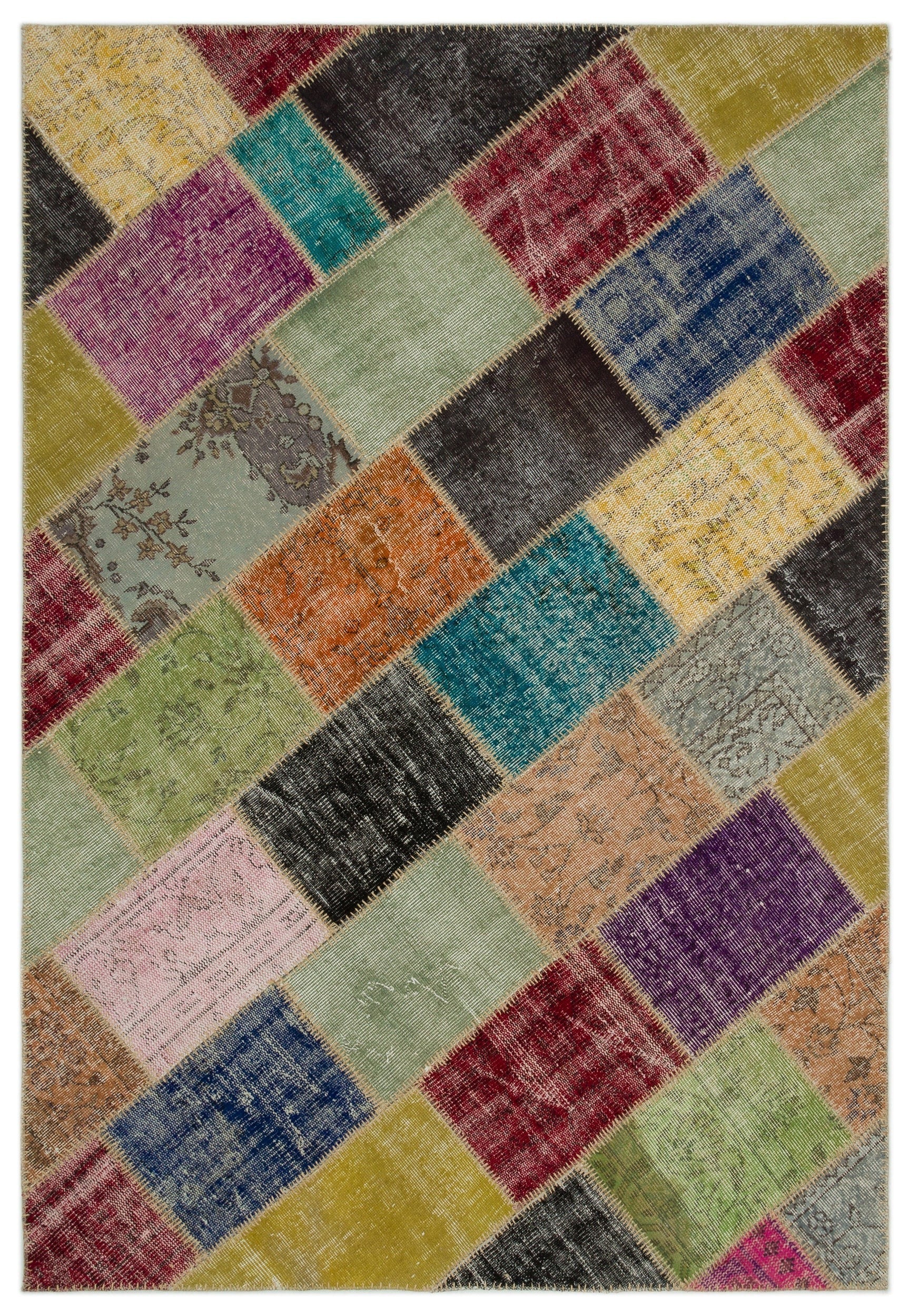 Iskece 21643 Beige Patchwork Wool Handmade Area Rug 5'3" x 7'8"