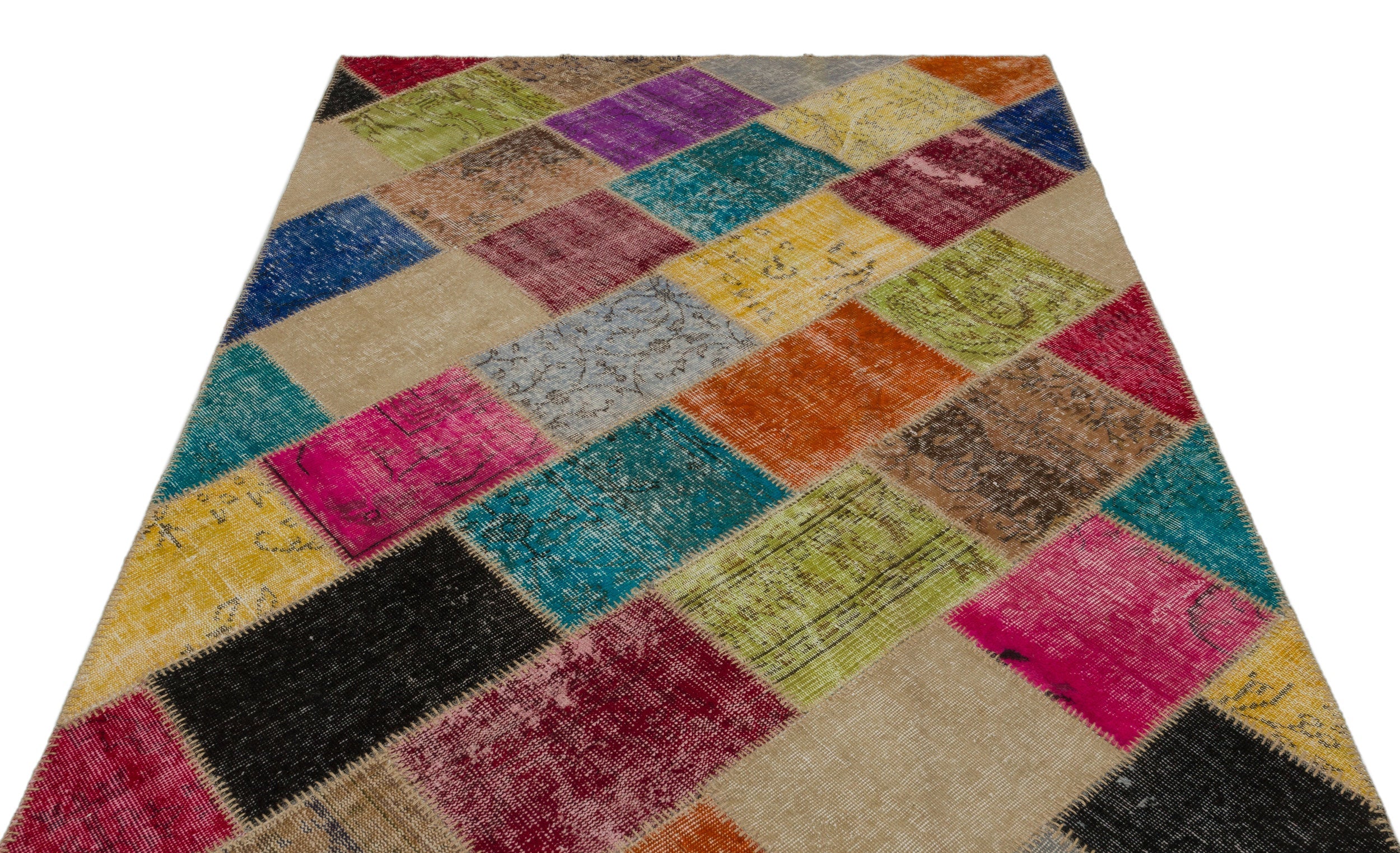 Iskece 21649 Beige Patchwork Wool Handmade Area Rug 5'3" x 7'8"