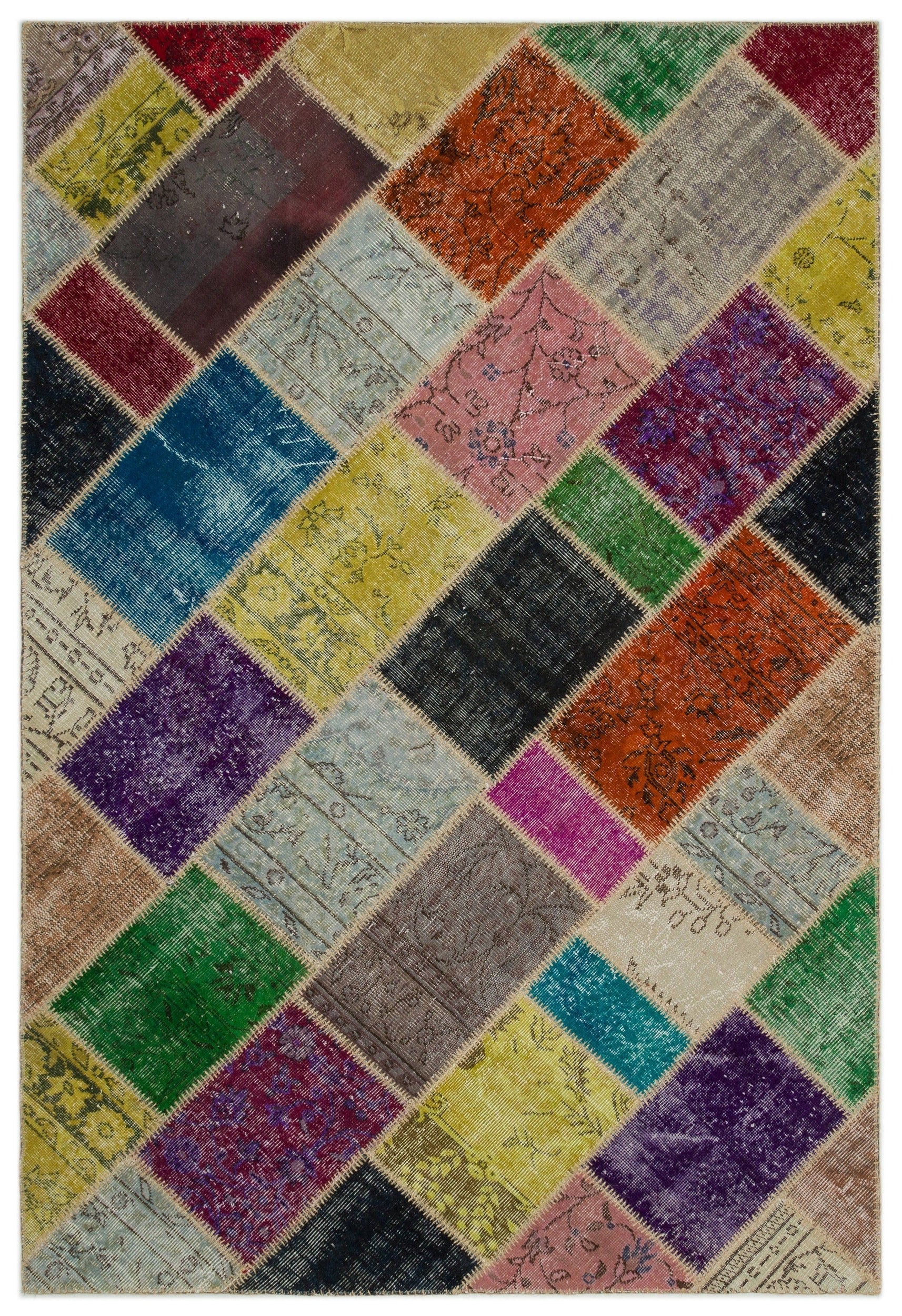 Iskece 21651 Beige Patchwork Wool Handmade Area Rug 5'3" x 7'8"
