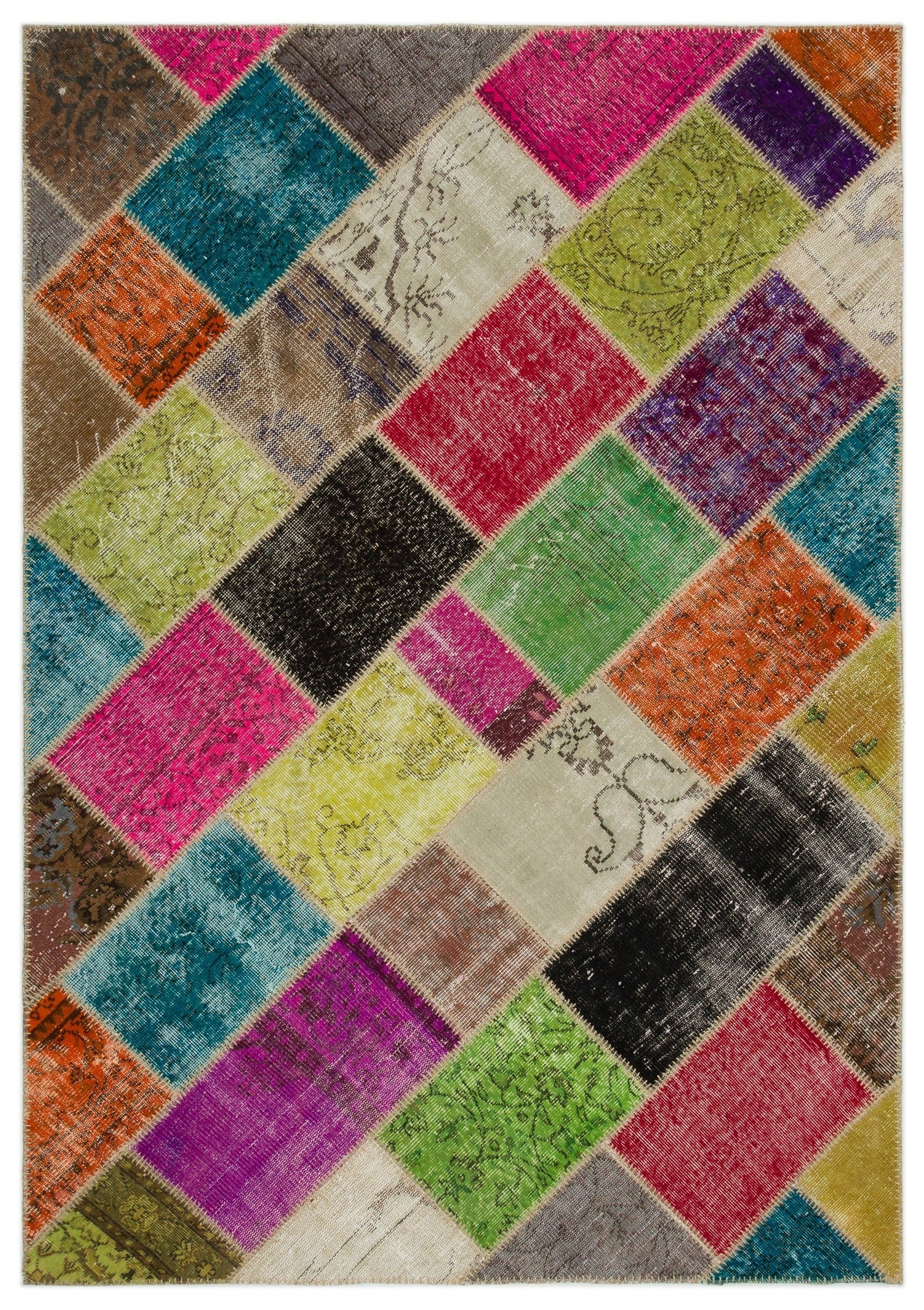 Iskece 21654 Beige Patchwork Wool Handmade Area Rug 5'3" x 7'8"