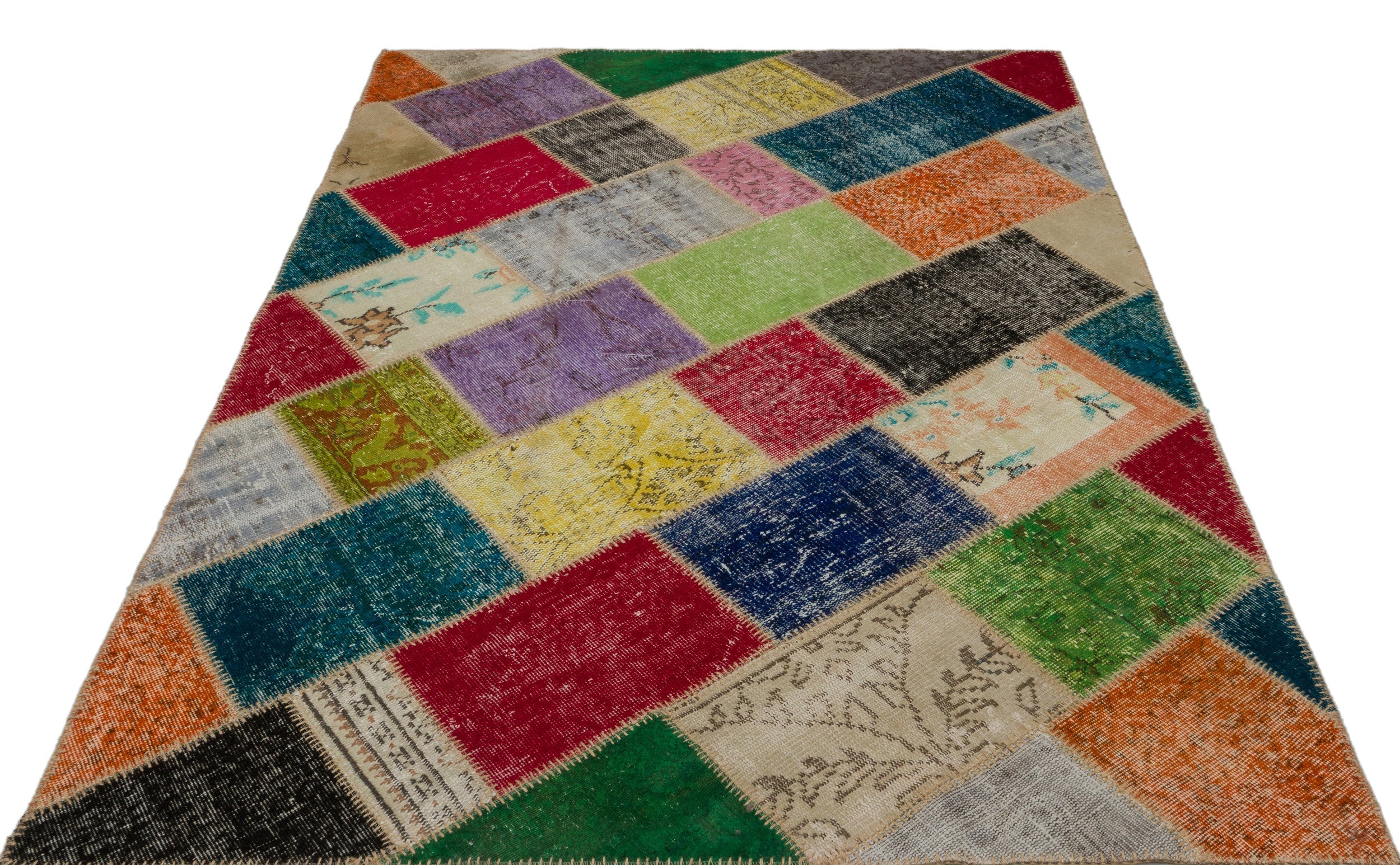 Iskece 21655 Beige Patchwork Wool Handmade Area Rug 5'3" x 7'8"