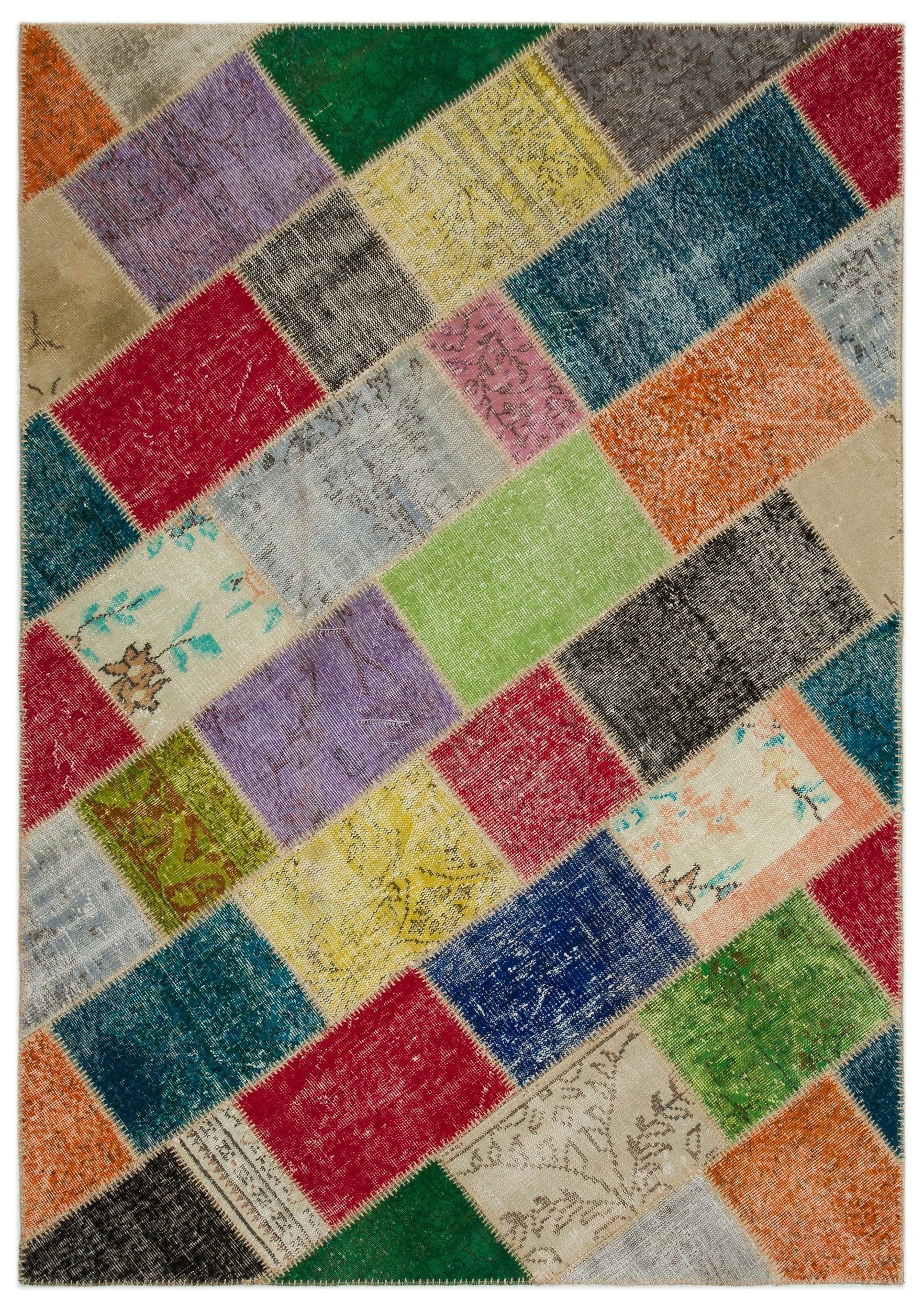 Iskece 21655 Beige Patchwork Wool Handmade Area Rug 5'3" x 7'8"