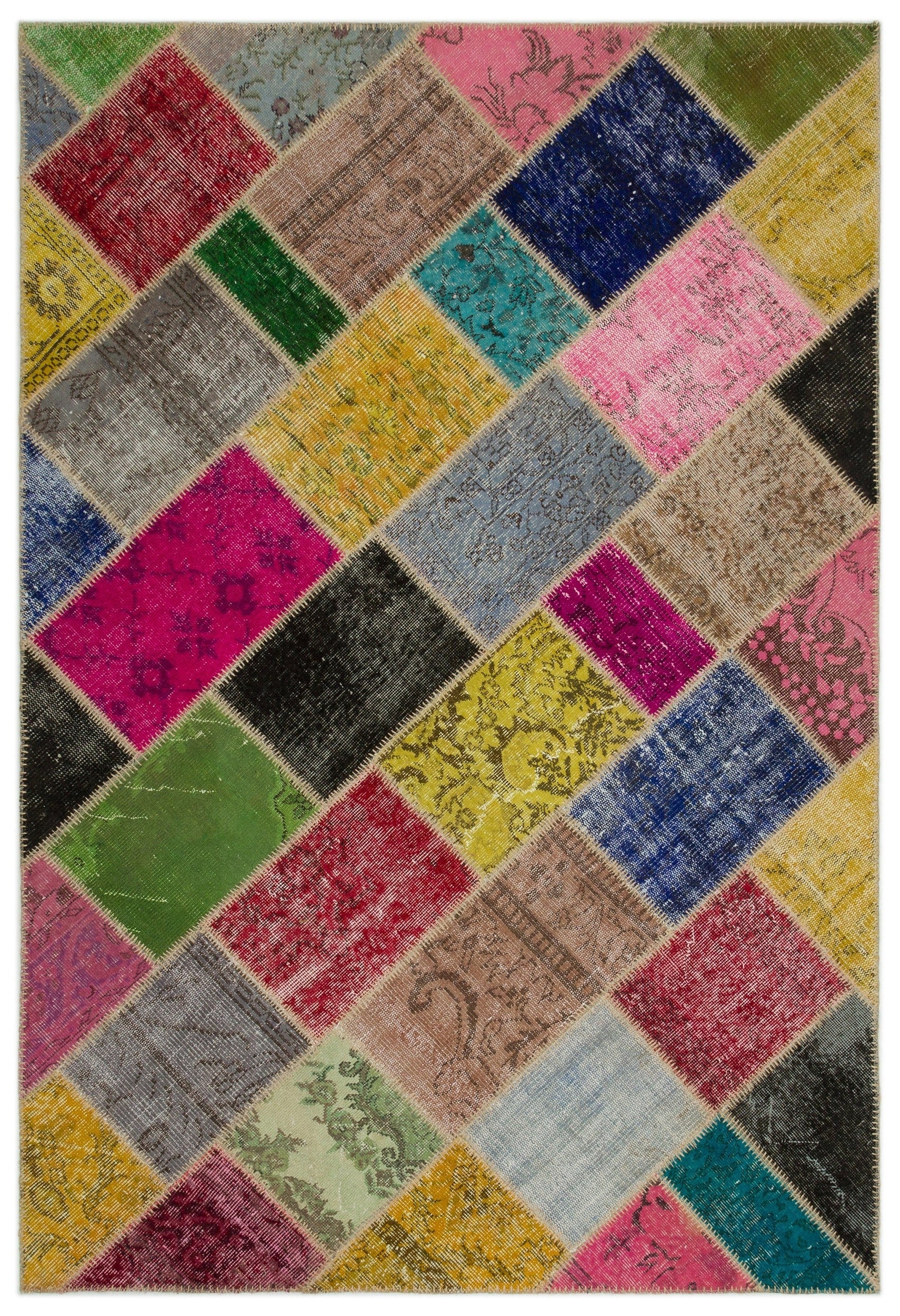 Iskece 21660 Beige Patchwork Wool Handmade Area Rug 5'3" x 7'8"