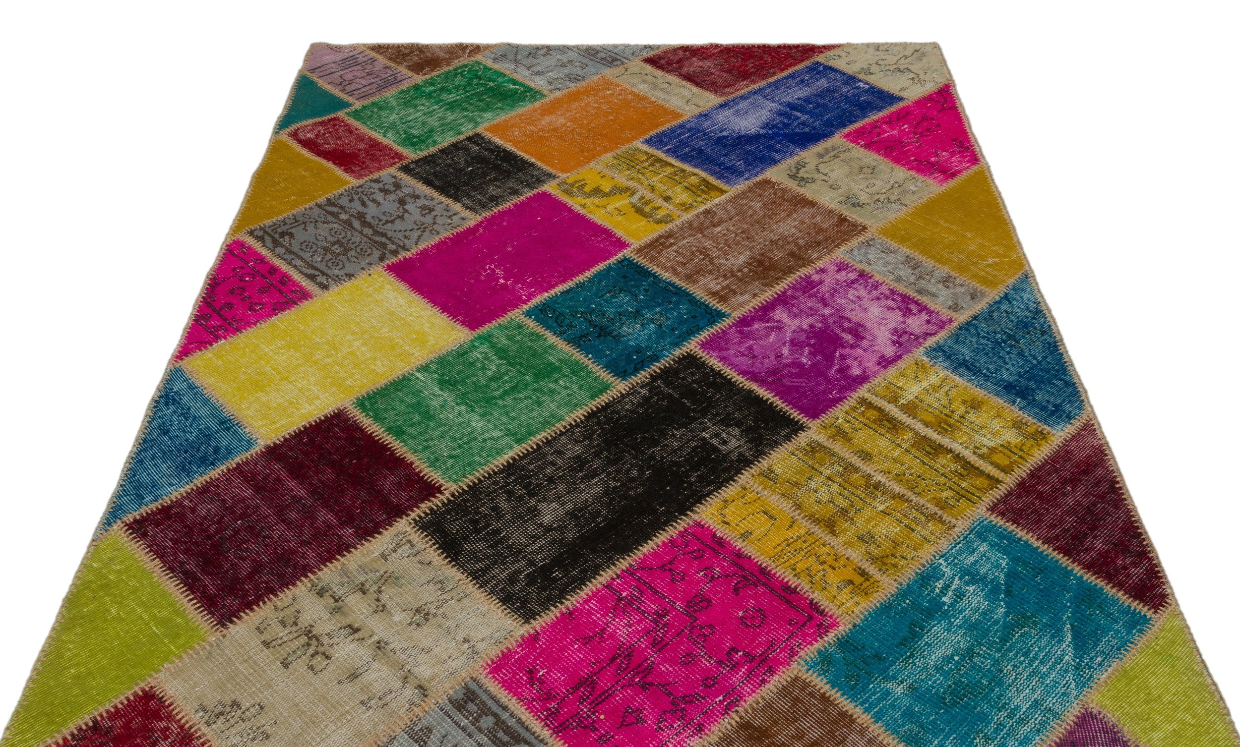 Iskece 21661 Beige Patchwork Wool Handmade Area Rug 5'3" x 7'8"