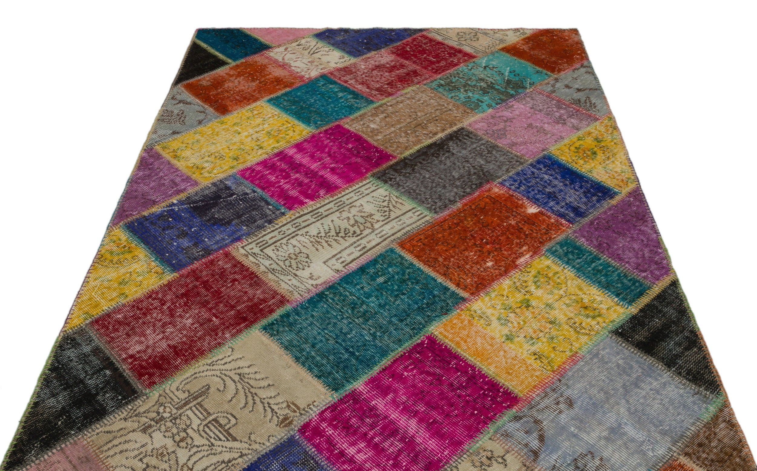 Iskece 21664 Beige Patchwork Wool Handmade Area Rug 5'3" x 7'8"