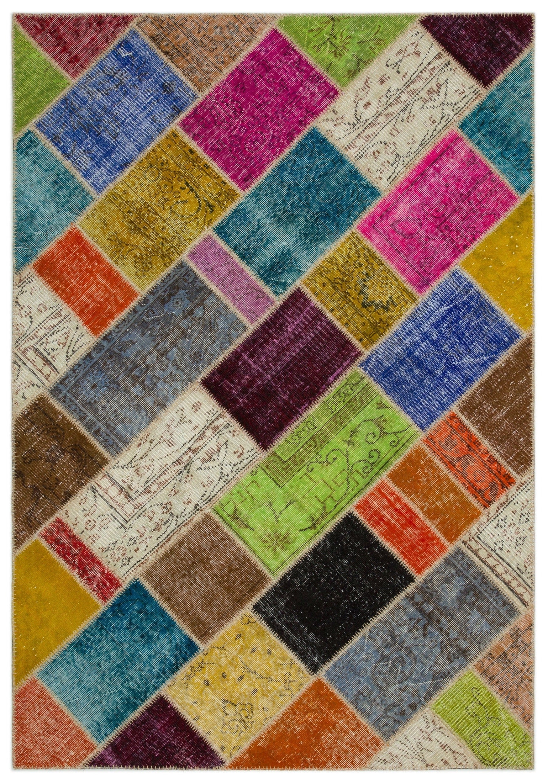 Iskece 21665 Beige Patchwork Wool Handmade Area Rug 5'3" x 7'8"