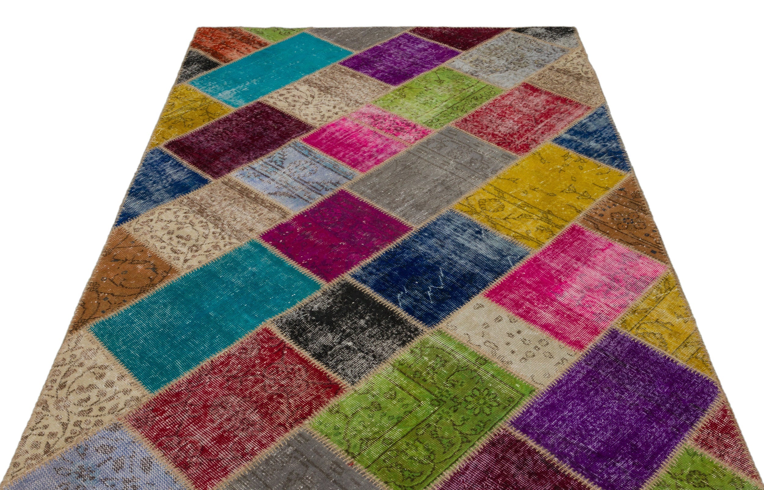 Iskece 21667 Beige Patchwork Wool Handmade Area Rug 5'3" x 7'8"