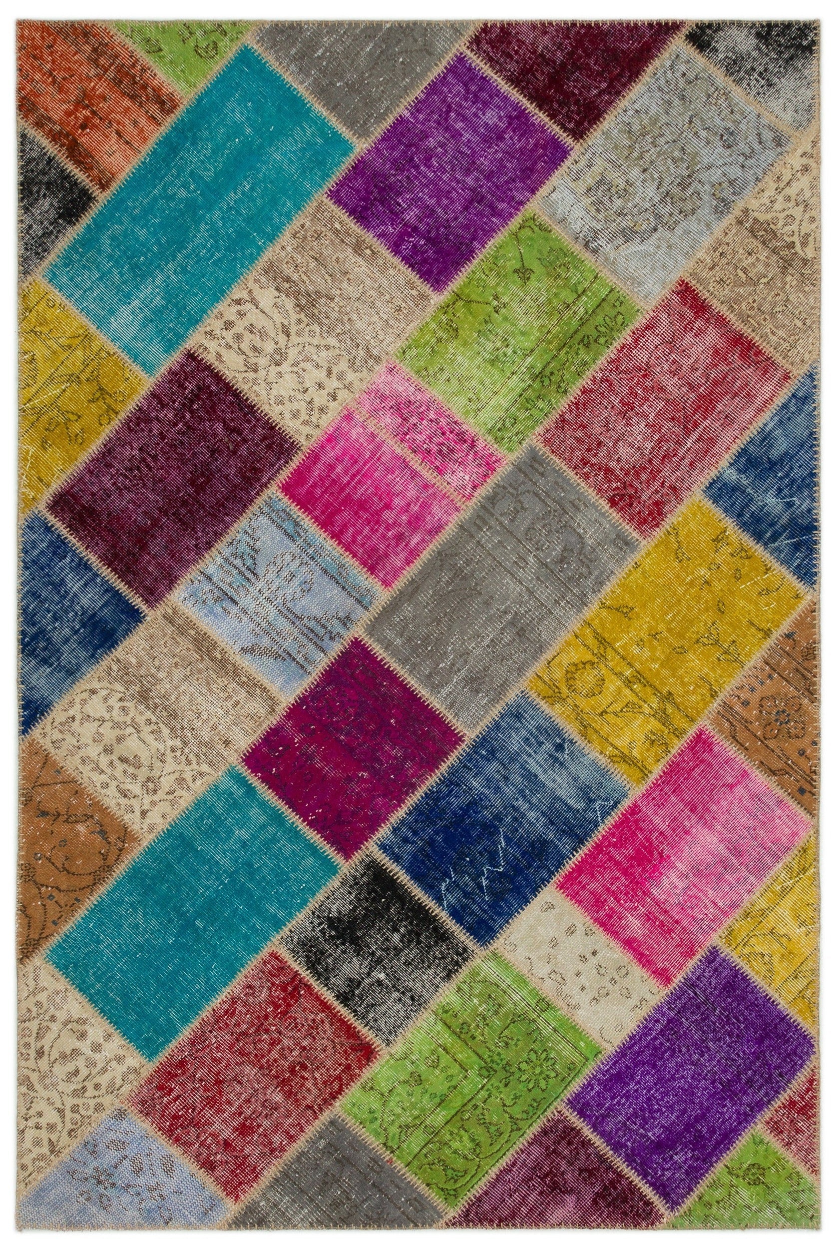 Iskece 21667 Beige Patchwork Wool Handmade Area Rug 5'3" x 7'8"