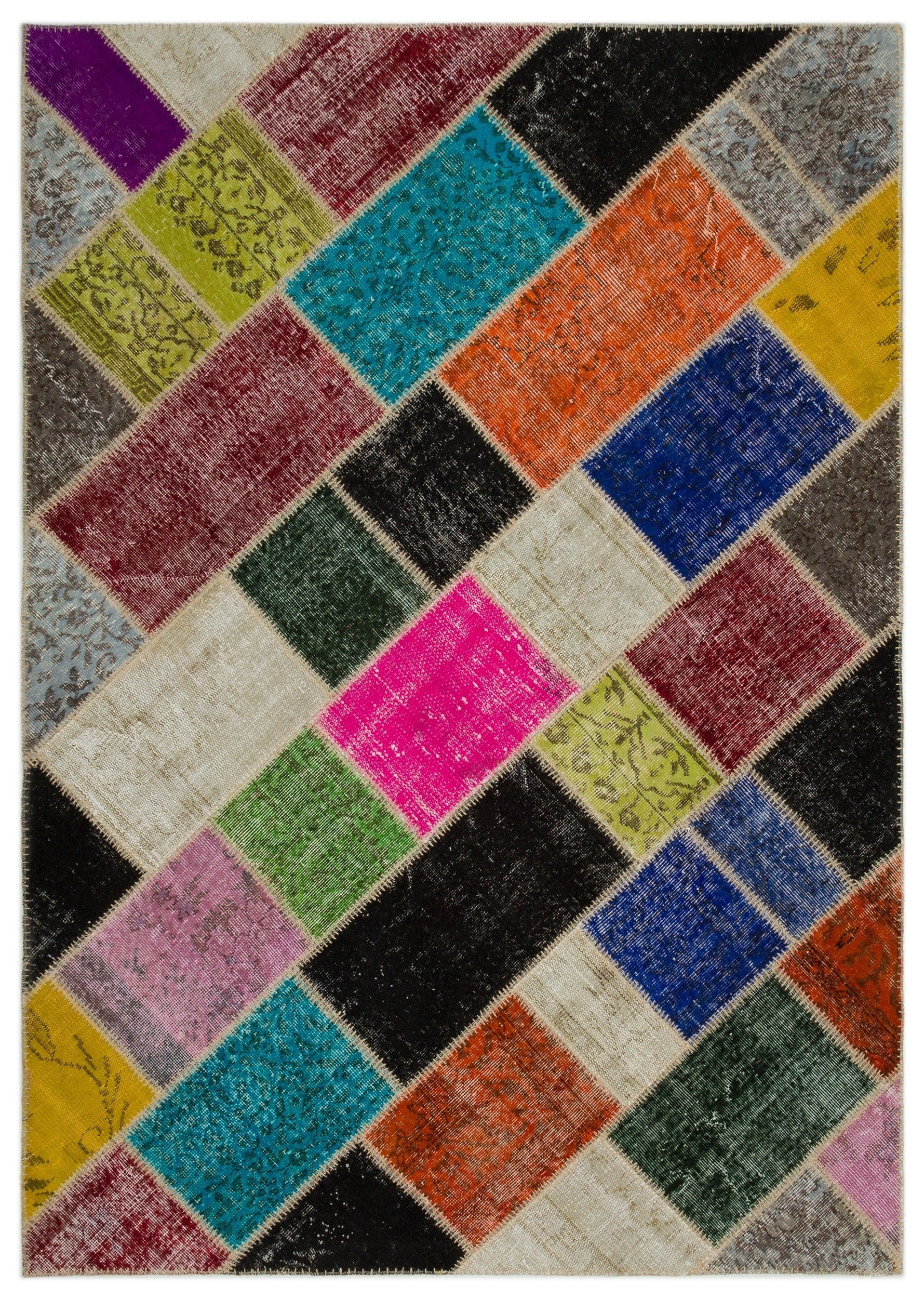 Iskece 21669 Beige Patchwork Wool Handmade Area Rug 5'3" x 7'8"