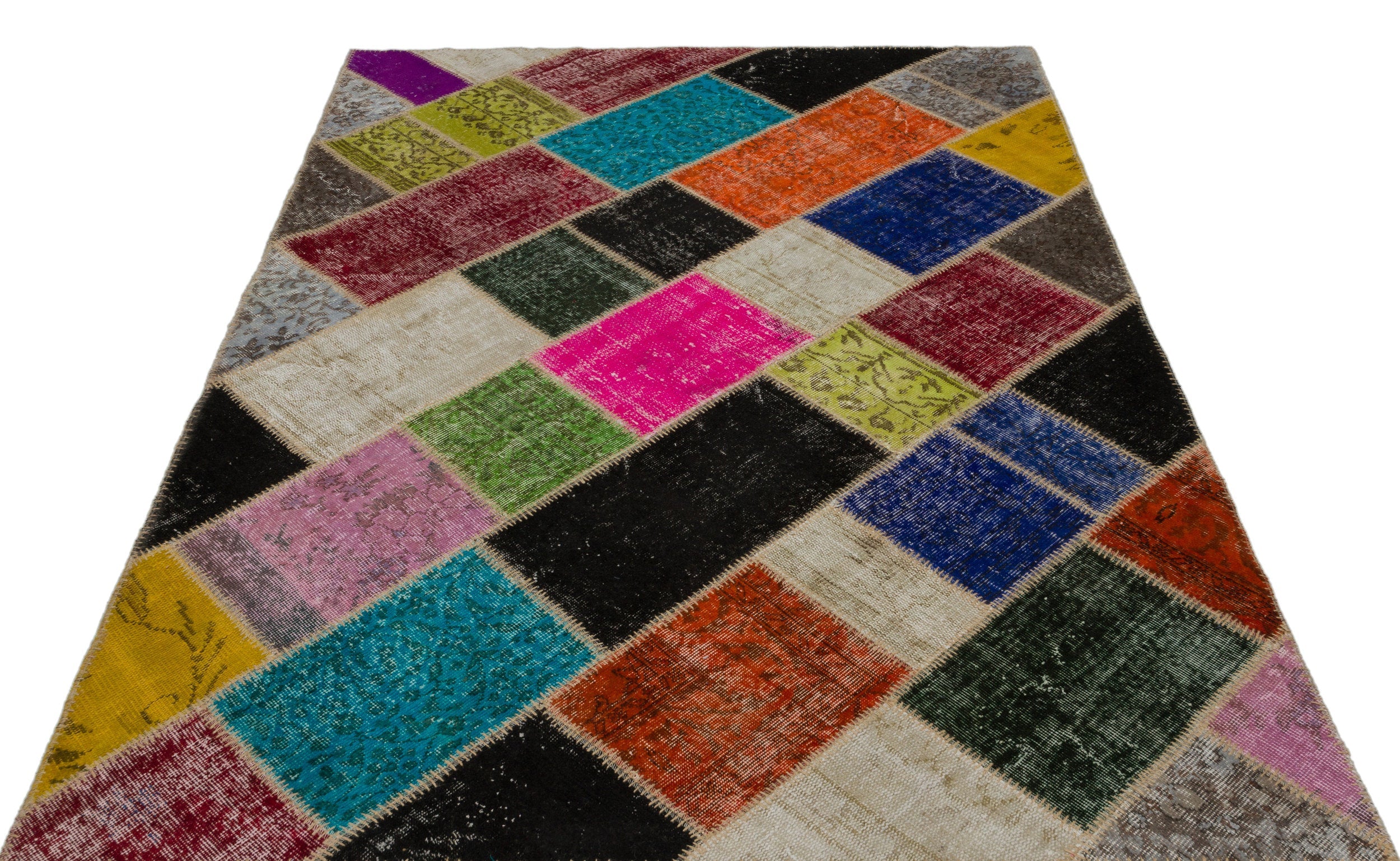Iskece 21669 Beige Patchwork Wool Handmade Area Rug 5'3" x 7'8"