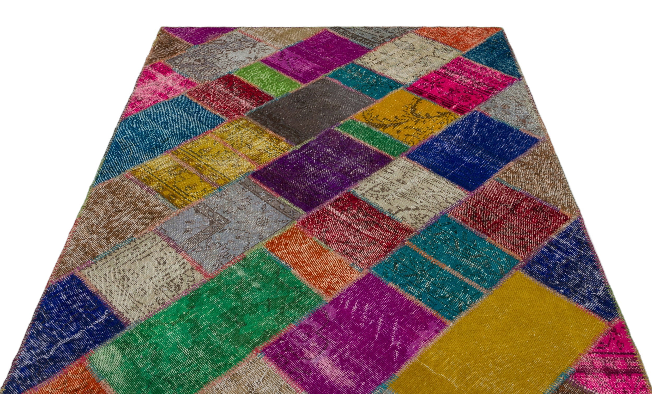 Iskece 21670 Beige Patchwork Wool Handmade Area Rug 5'3" x 7'8"