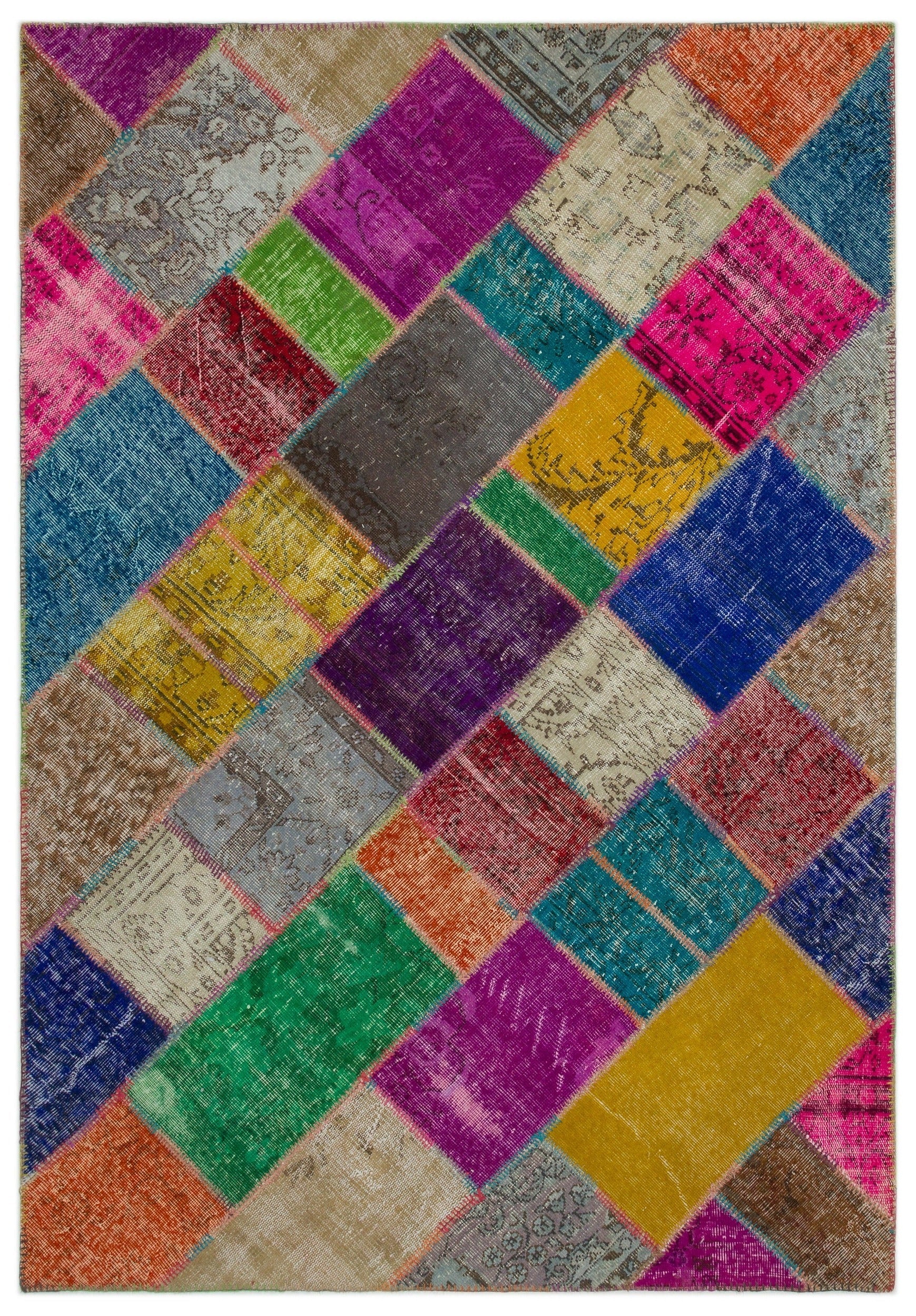Iskece 21670 Beige Patchwork Wool Handmade Area Rug 5'3" x 7'8"