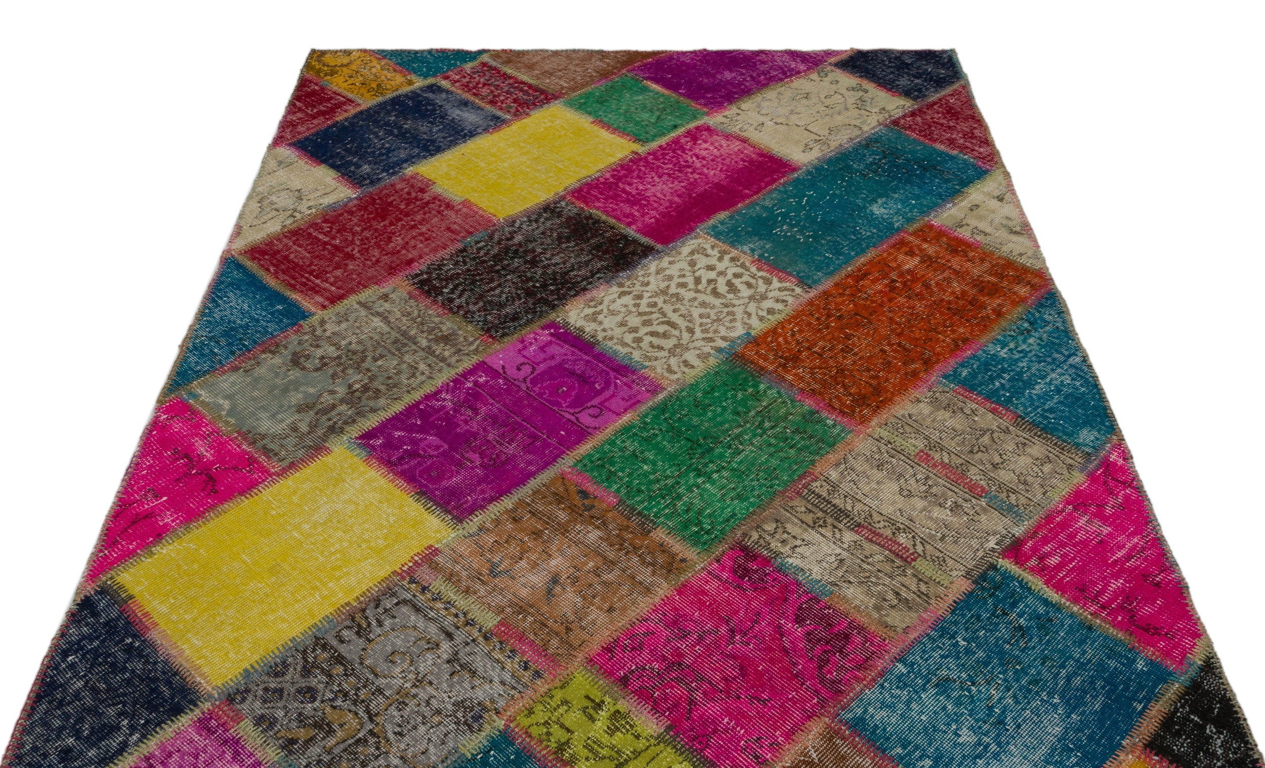 Iskece 21674 Beige Patchwork Wool Handmade Area Rug 5'3" x 7'8"
