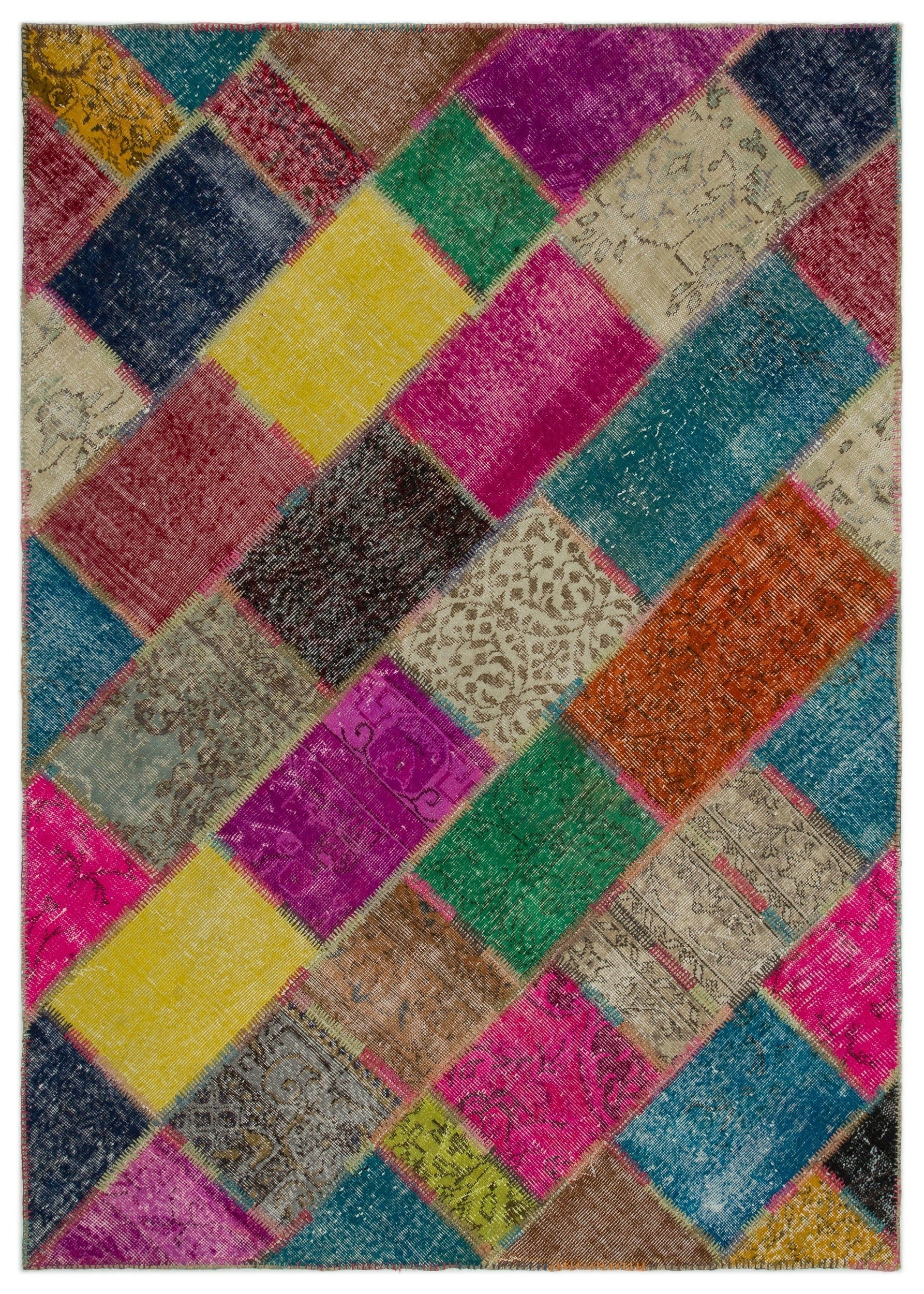 Iskece 21674 Beige Patchwork Wool Handmade Area Rug 5'3" x 7'8"