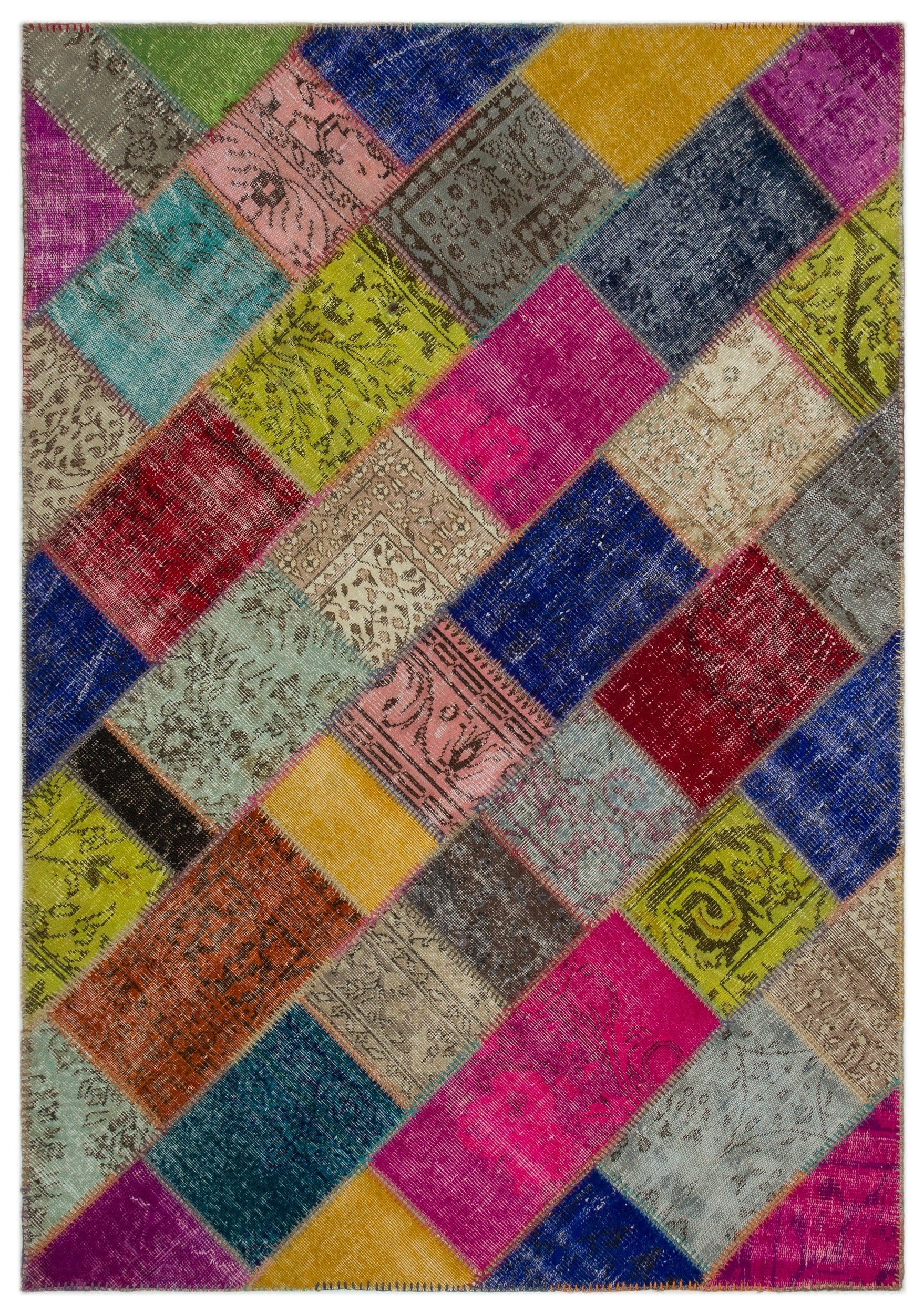 Iskece 21675 Beige Patchwork Wool Handmade Area Rug 5'3" x 7'8"