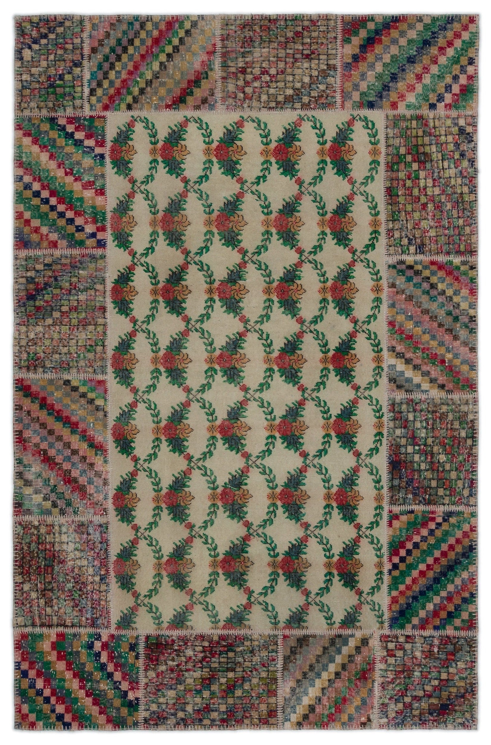 Iskece Cream Vintage Wool Handmade Area Rug 6'4" x 9'7"
