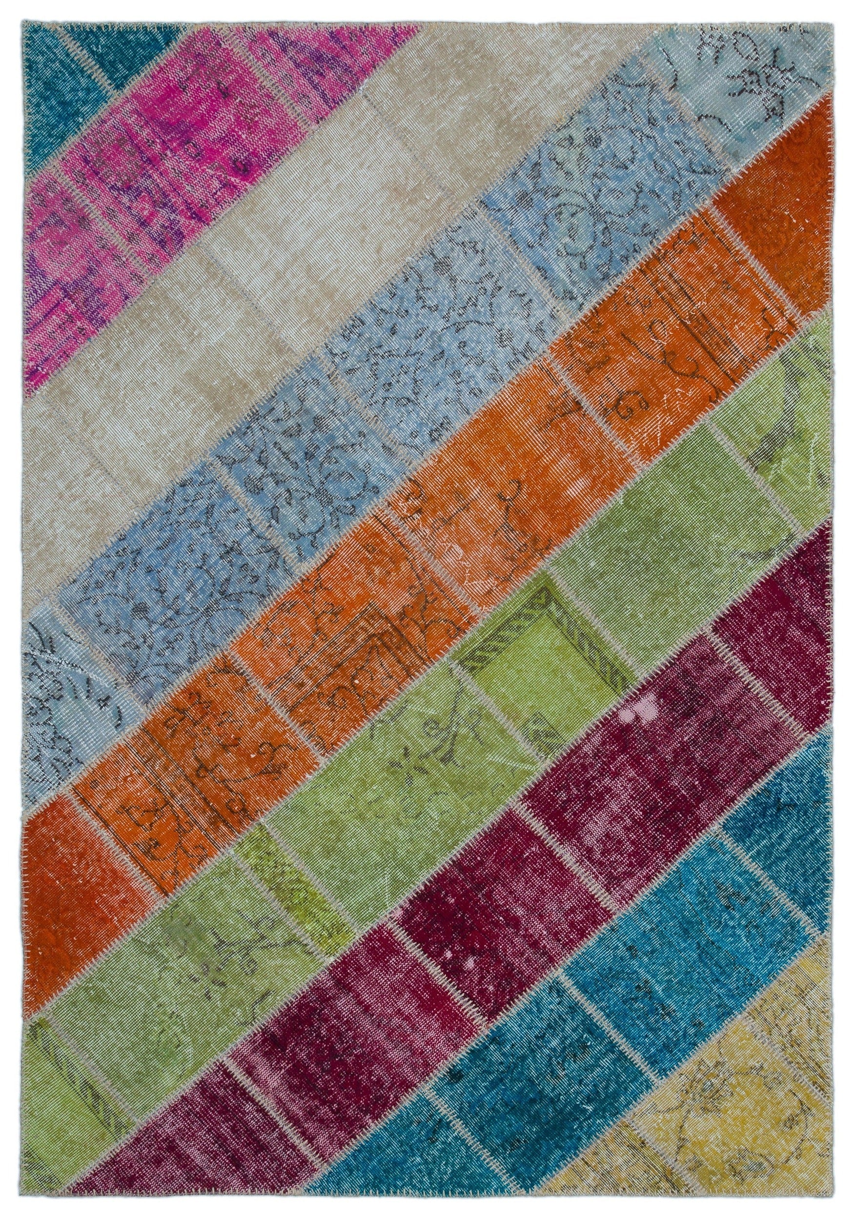 Iskece 21955 Beige Patchwork Wool Handmade Area Rug 5'3" x 7'7"