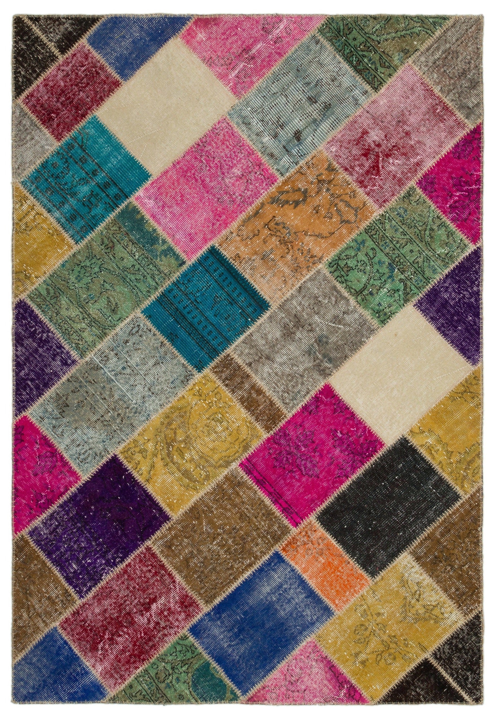 Iskece 21987 Beige Patchwork Wool Handmade Area Rug 5'3" x 7'7"