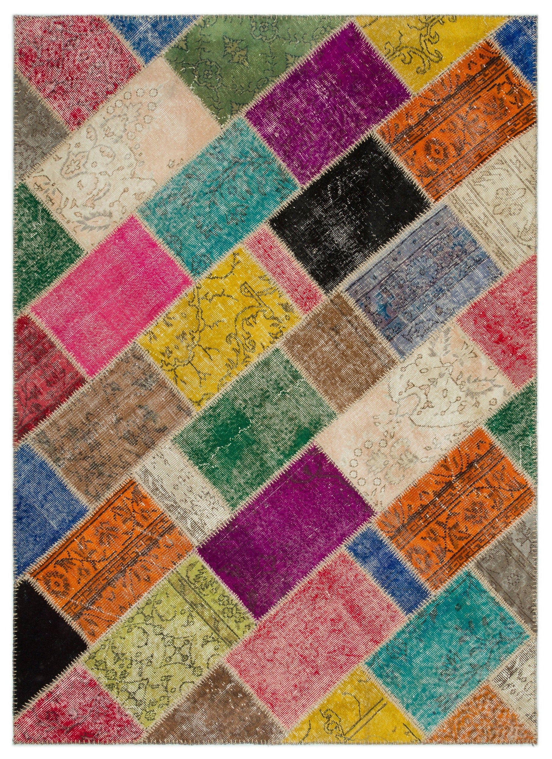 Iskece 21990 Beige Patchwork Wool Handmade Area Rug 5'3" x 7'7"