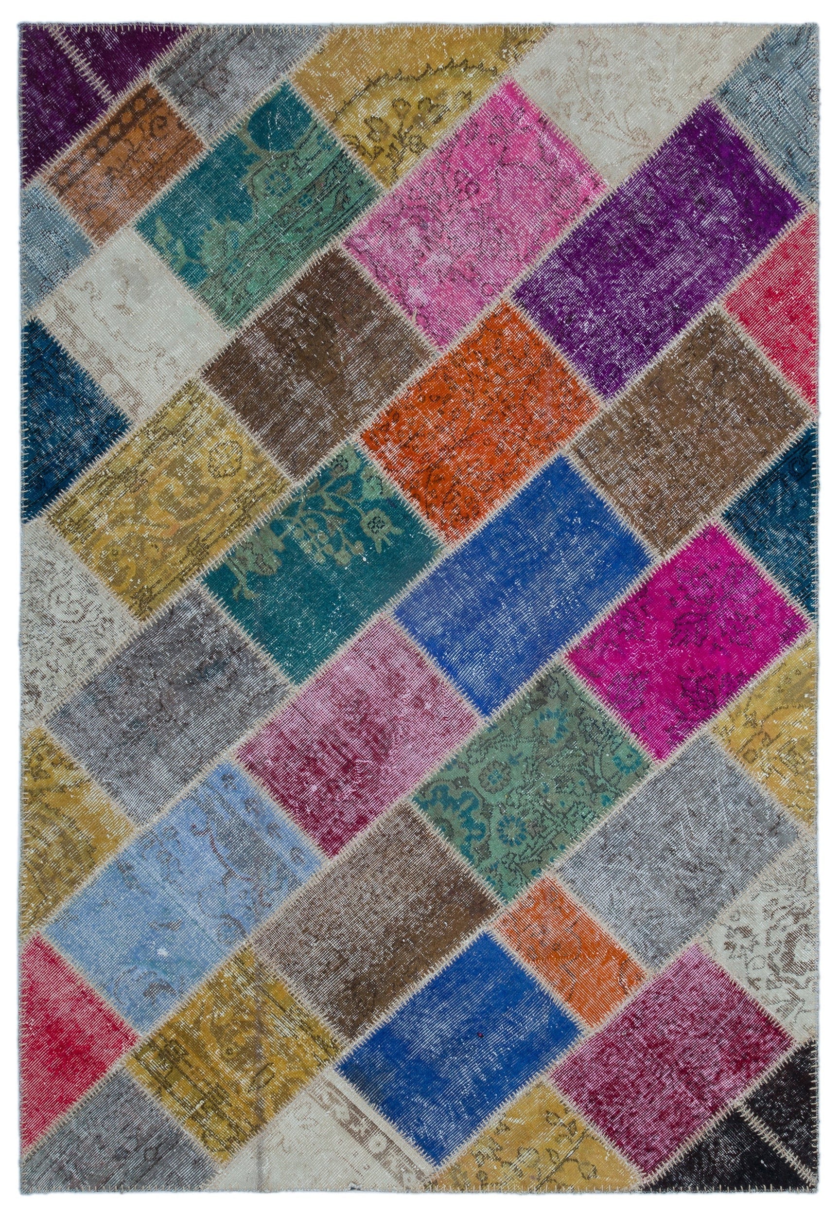 Iskece 22007 Beige Patchwork Wool Handmade Area Rug 5'3" x 7'7"