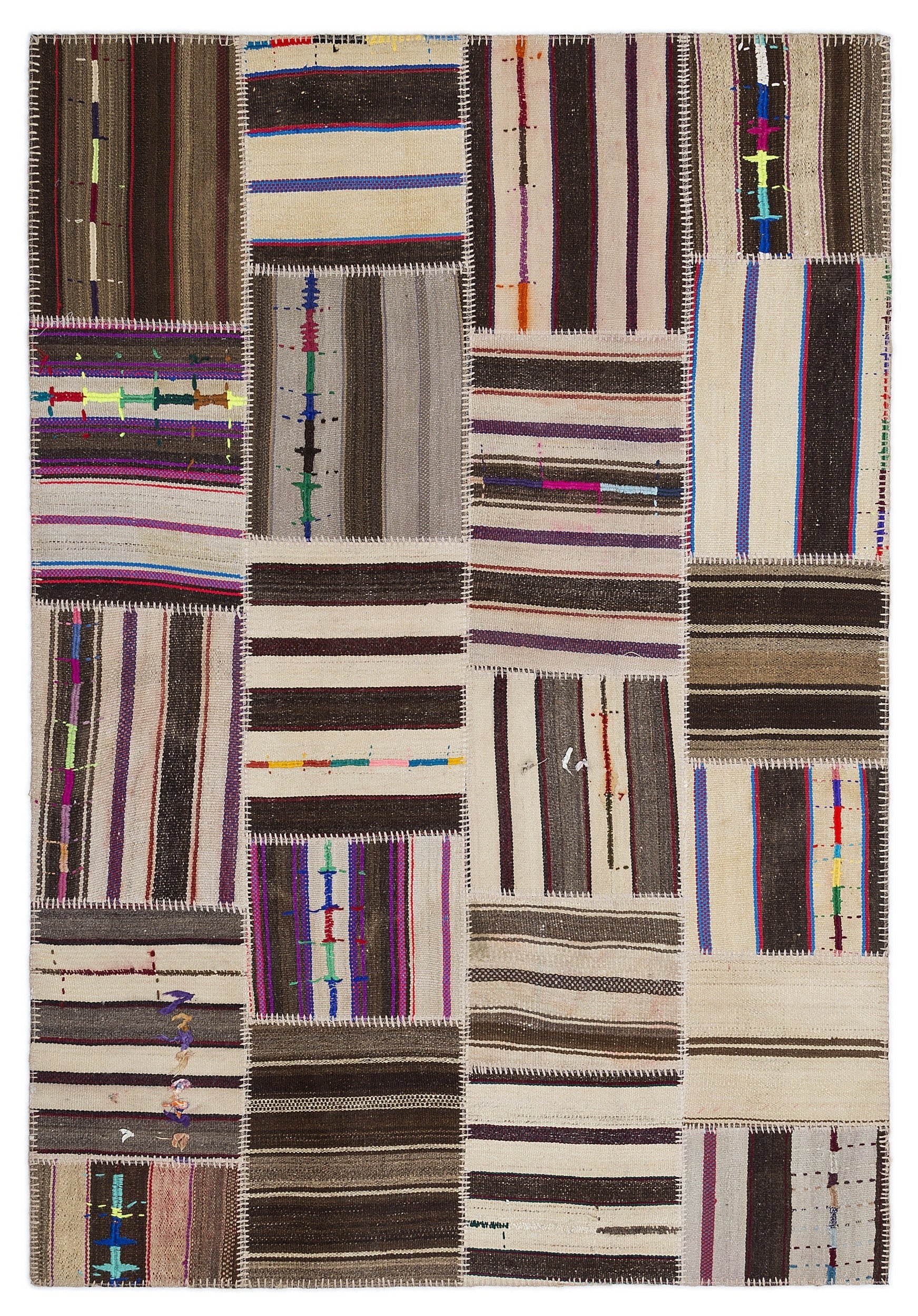 Teselya 2201 Beige Striped Wool Handmade Area Rug 5'3" x 7'7"
