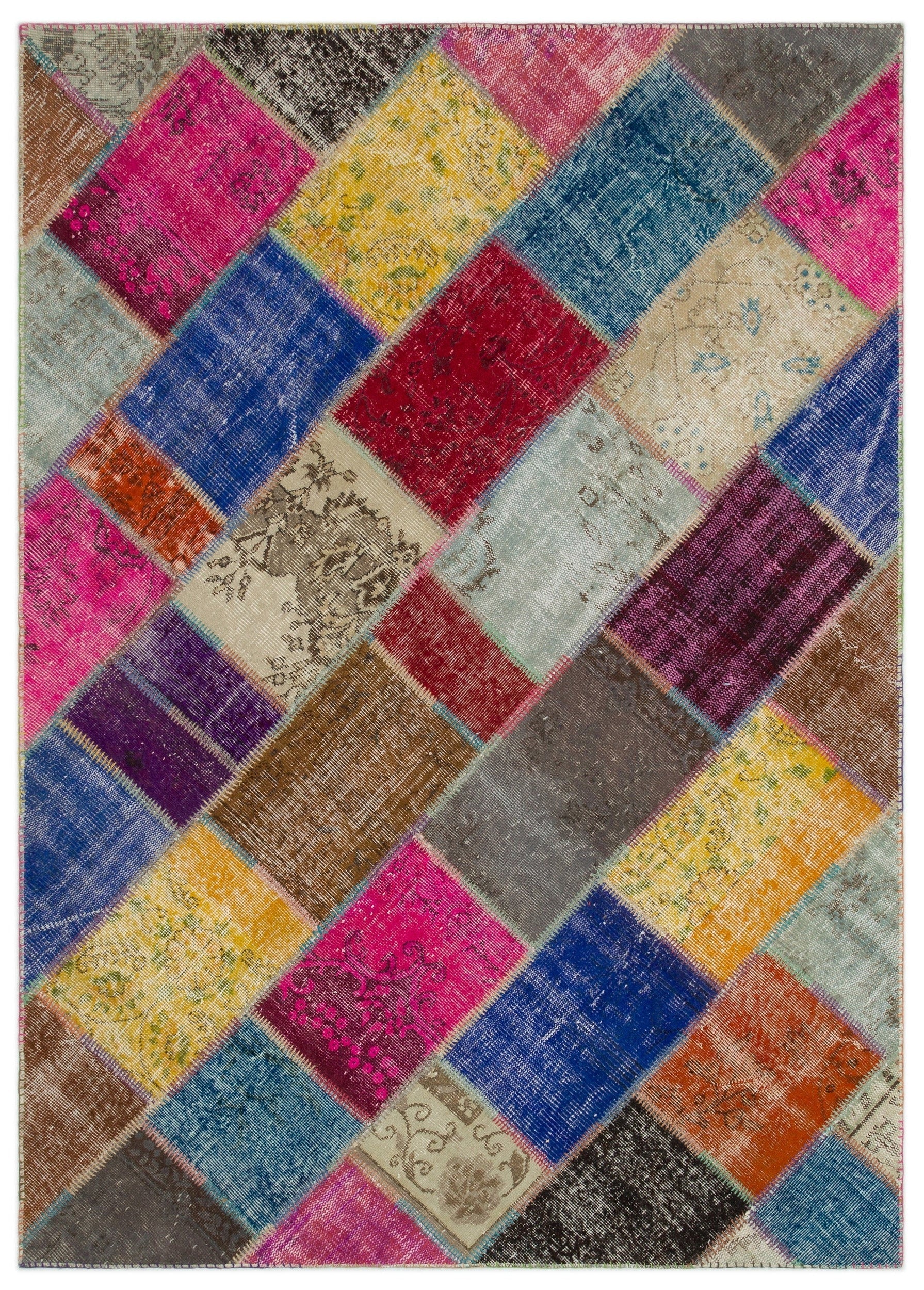 Iskece 22033 Beige Patchwork Wool Handmade Area Rug 5'3" x 7'7"