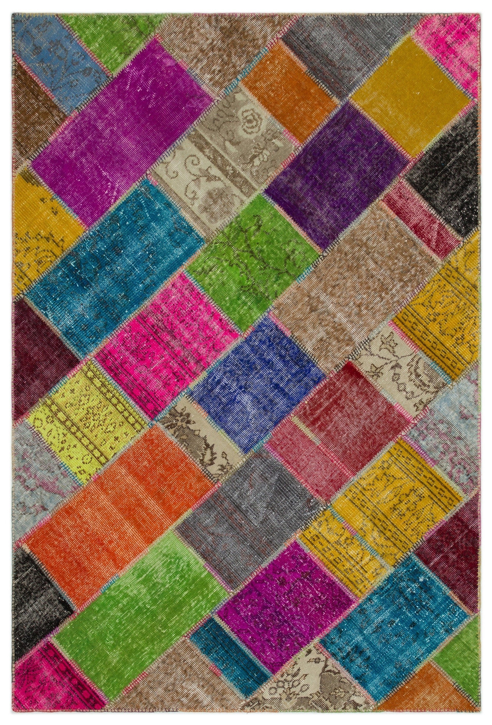 Iskece 22035 Beige Patchwork Wool Handmade Area Rug 5'3" x 7'7"