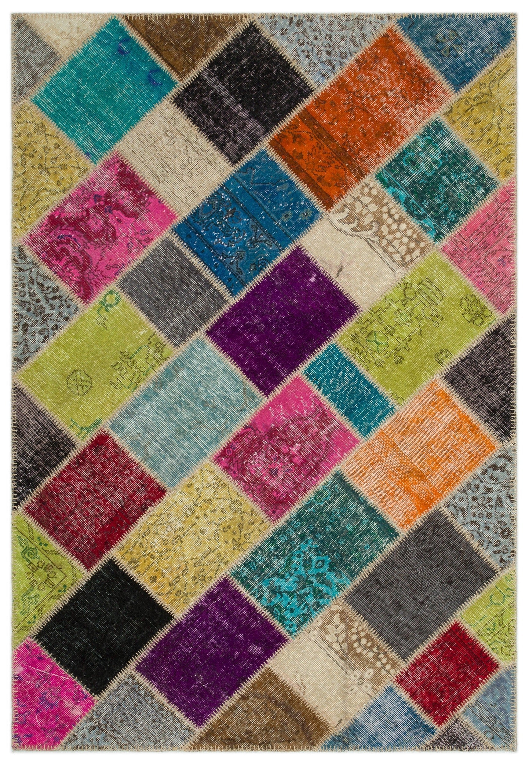 Iskece 22037 Beige Patchwork Wool Handmade Area Rug 5'3" x 7'7"