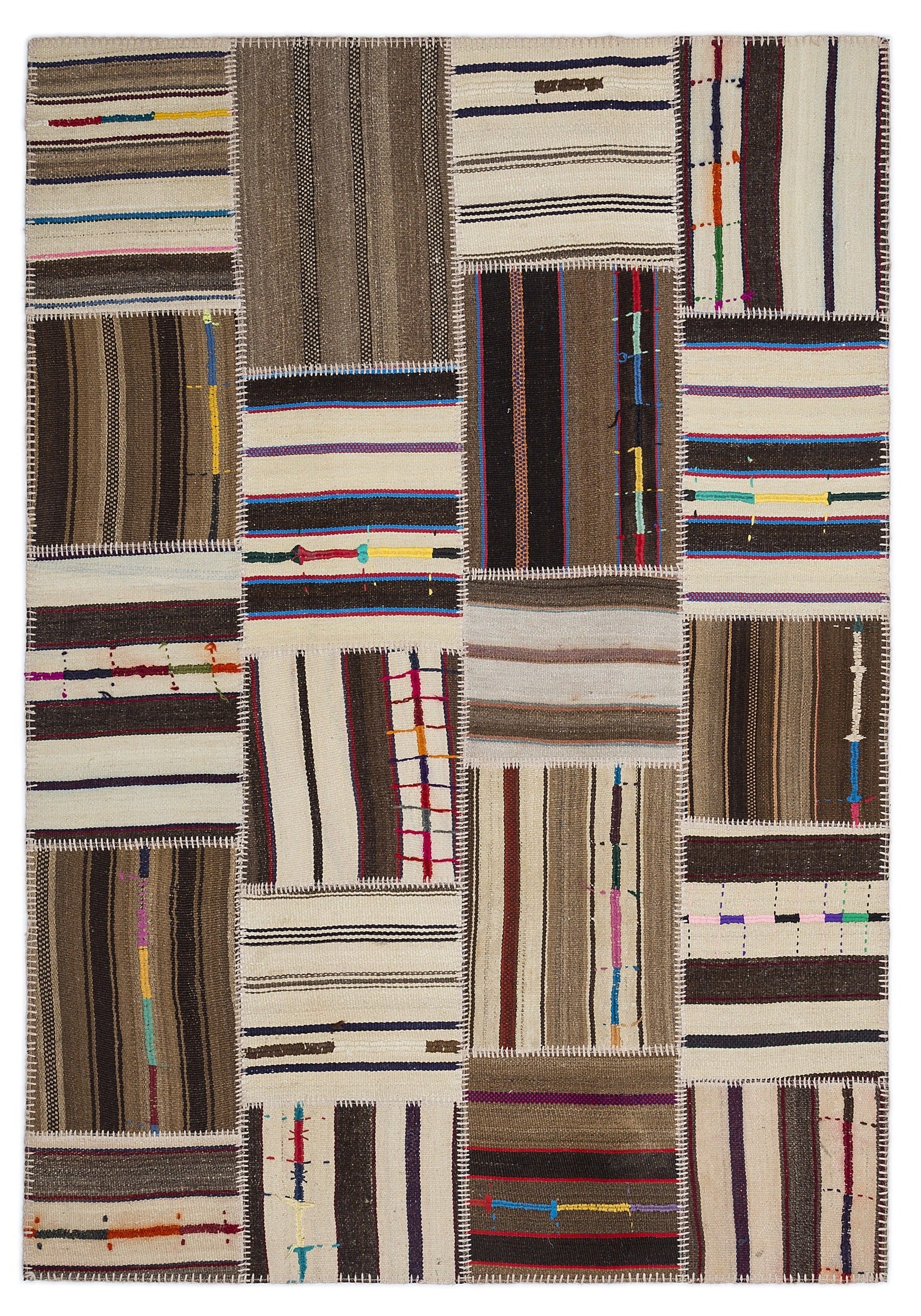 Teselya 2204 Beige Striped Wool Handmade Area Rug 5'3" x 7'7"