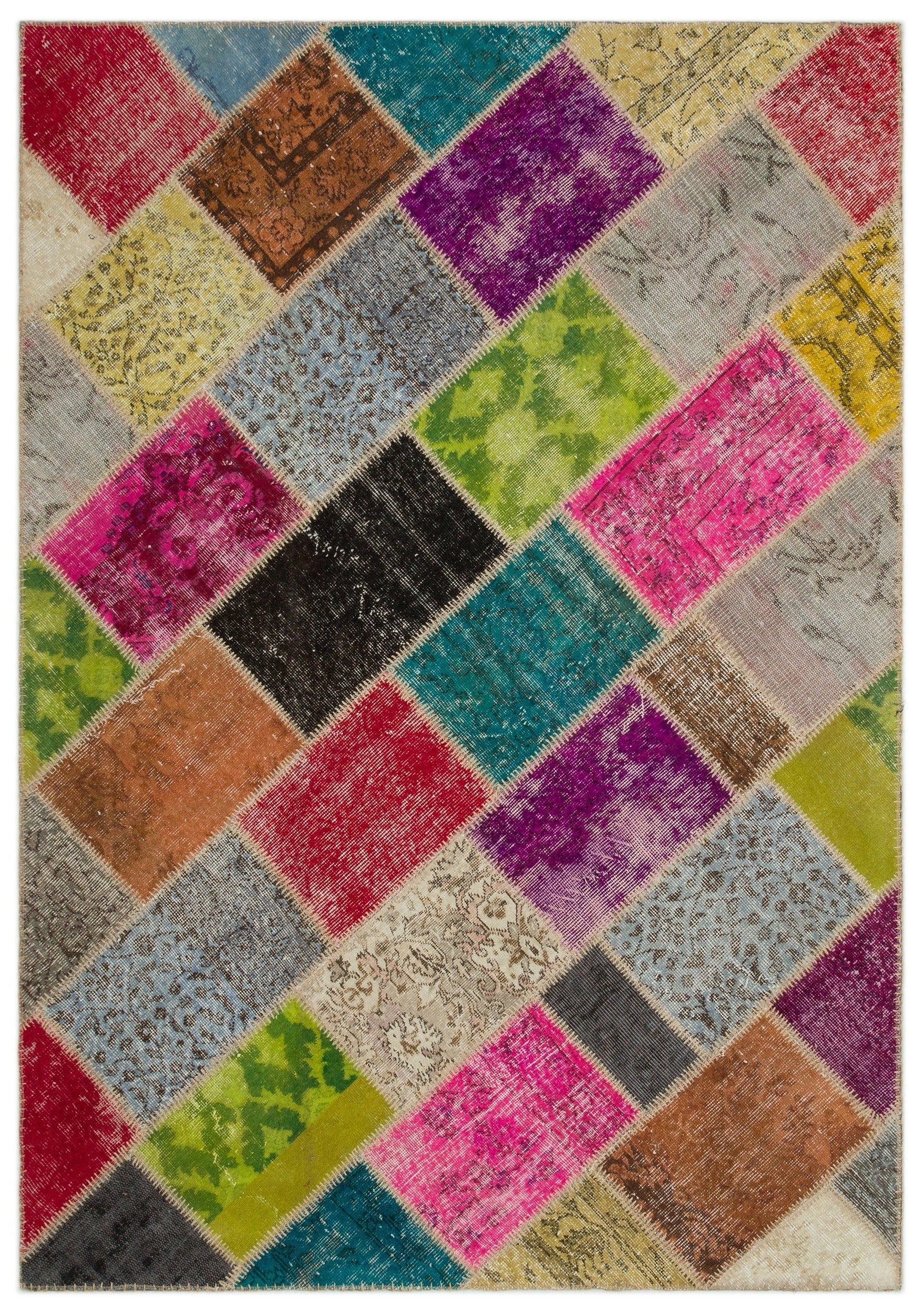 Iskece 22057 Beige Patchwork Wool Handmade Area Rug 5'3" x 7'7"