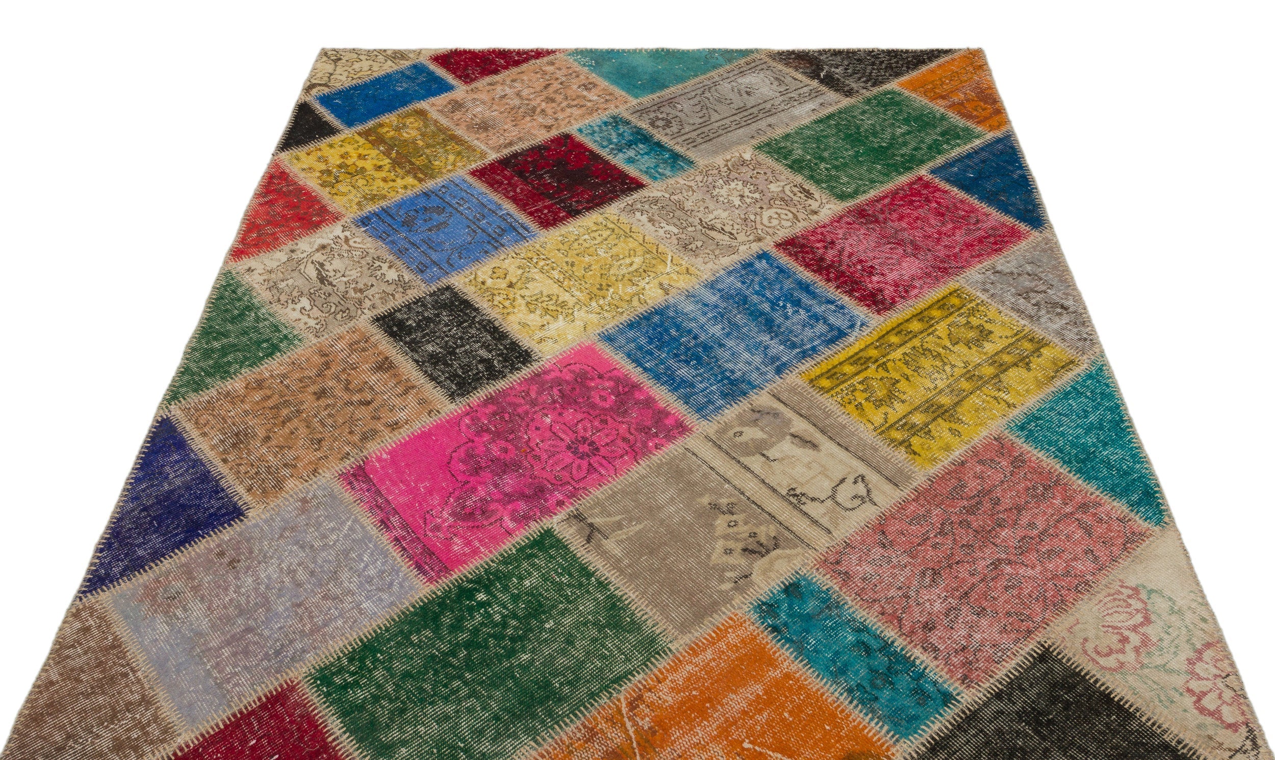 Iskece 22059 Beige Patchwork Wool Handmade Area Rug 5'3" x 7'7"