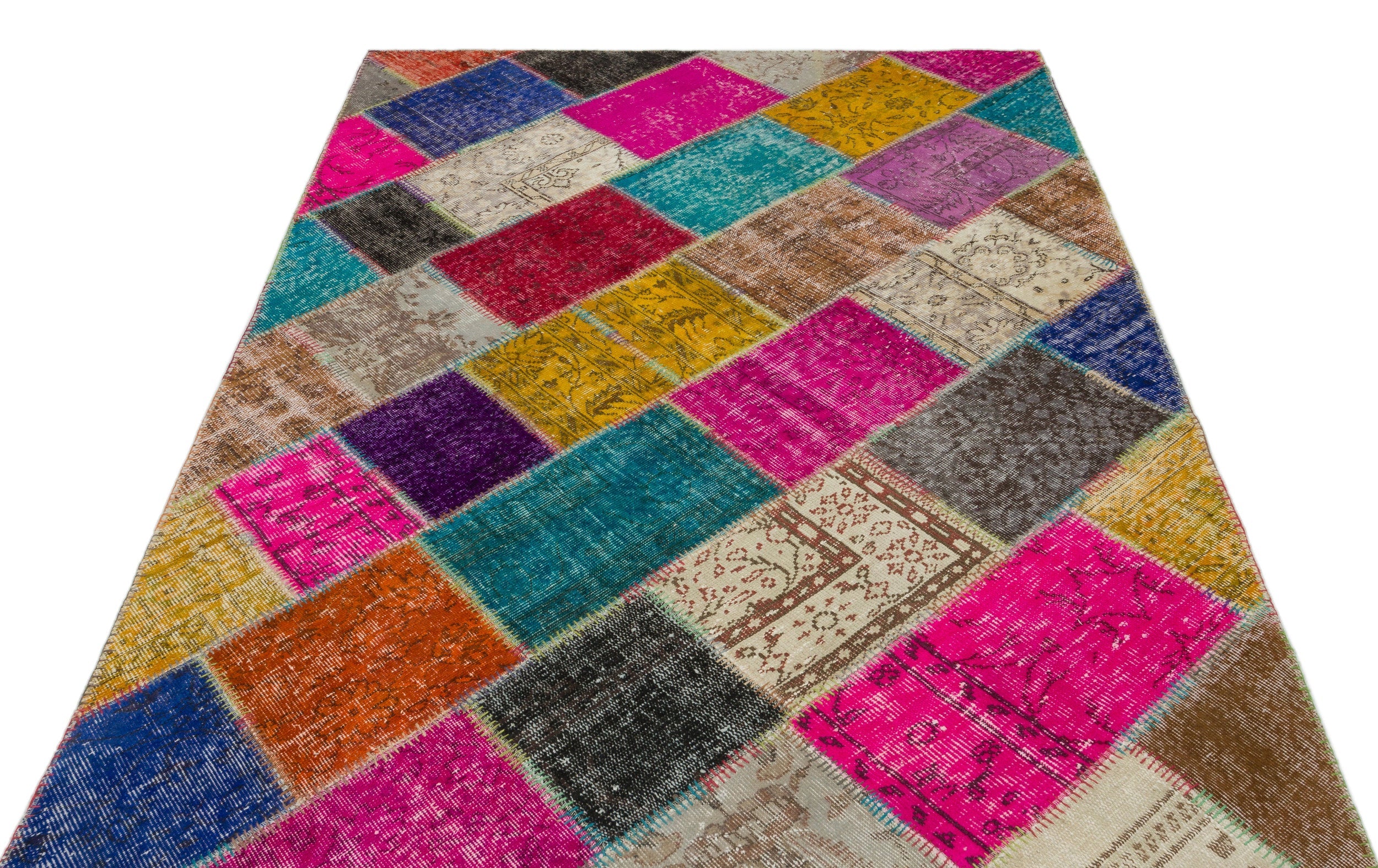 Iskece 22065 Beige Patchwork Wool Handmade Area Rug 5'3" x 7'7"