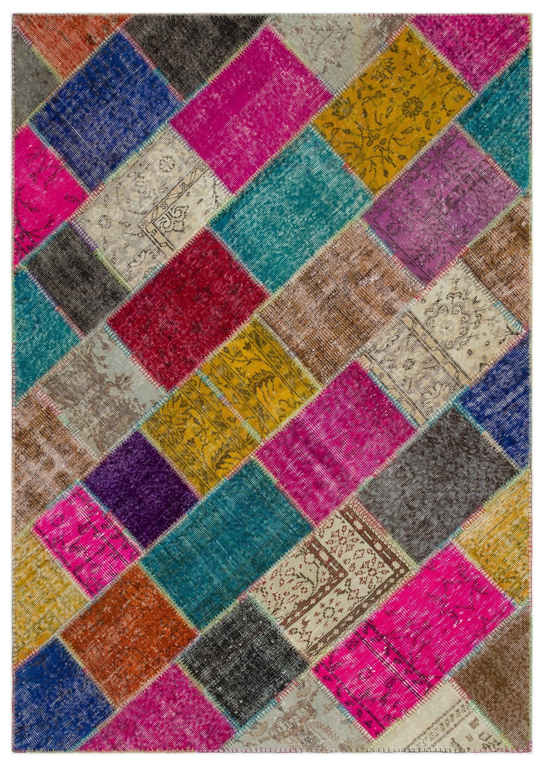 Iskece 22065 Beige Patchwork Wool Handmade Area Rug 5'3" x 7'7"