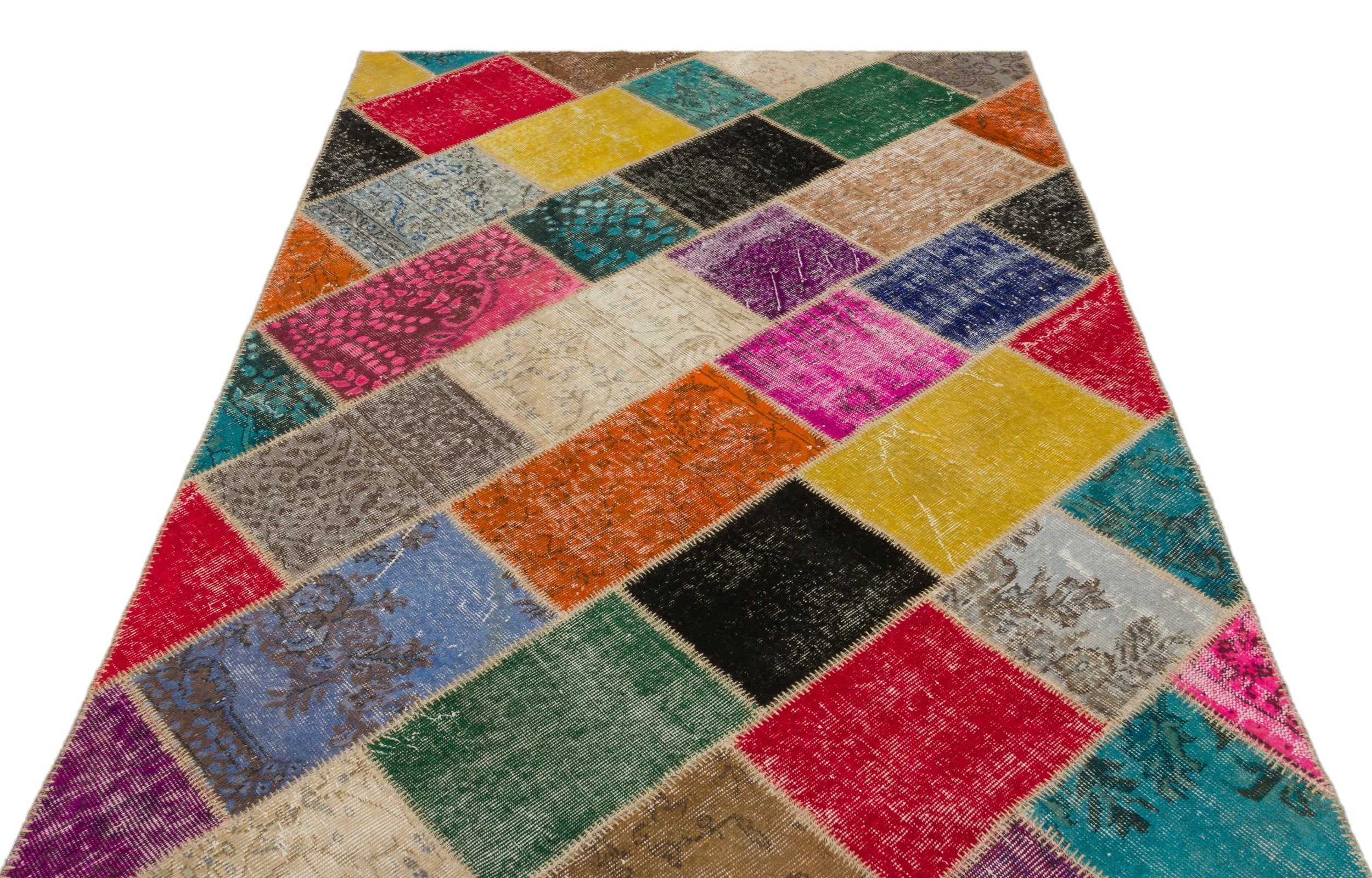 Iskece 22071 Beige Patchwork Wool Handmade Area Rug 5'3" x 7'7"