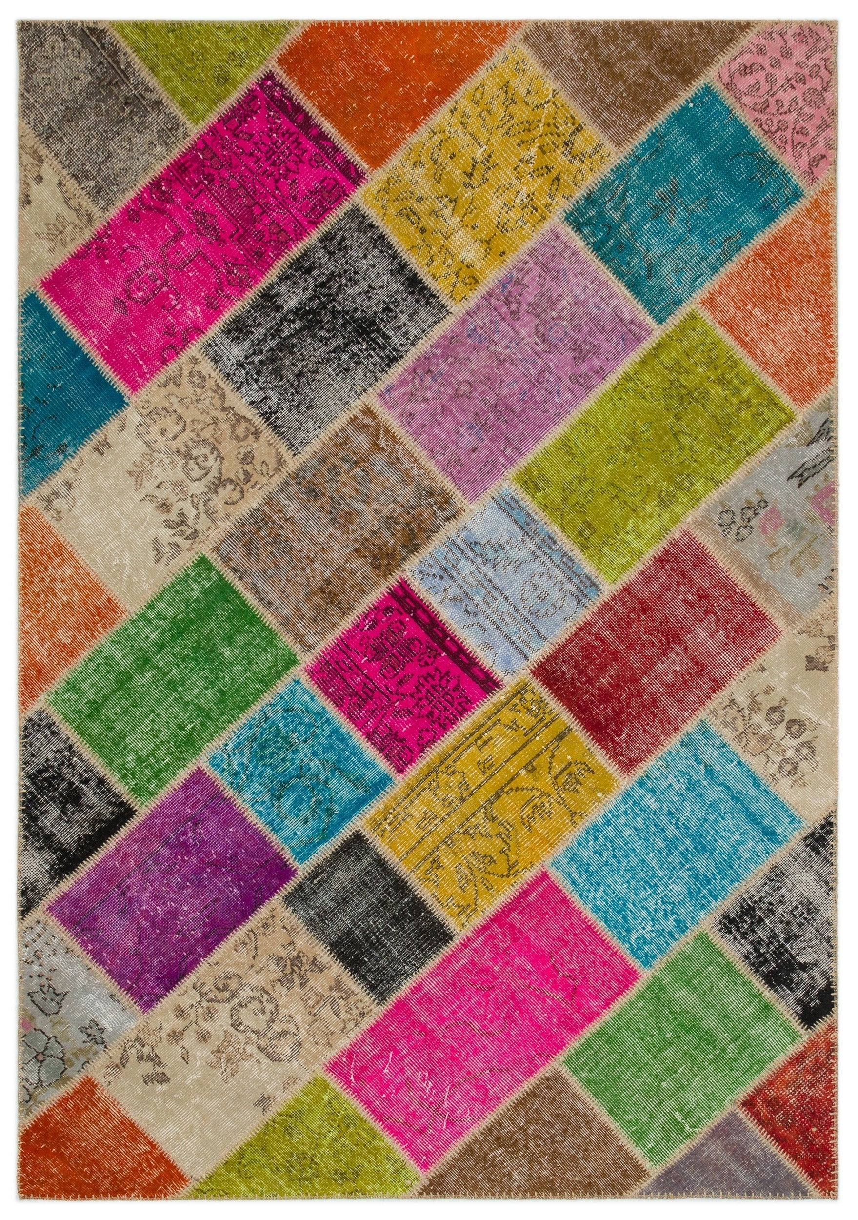 Iskece 22076 Beige Patchwork Wool Handmade Area Rug 5'3" x 7'7"