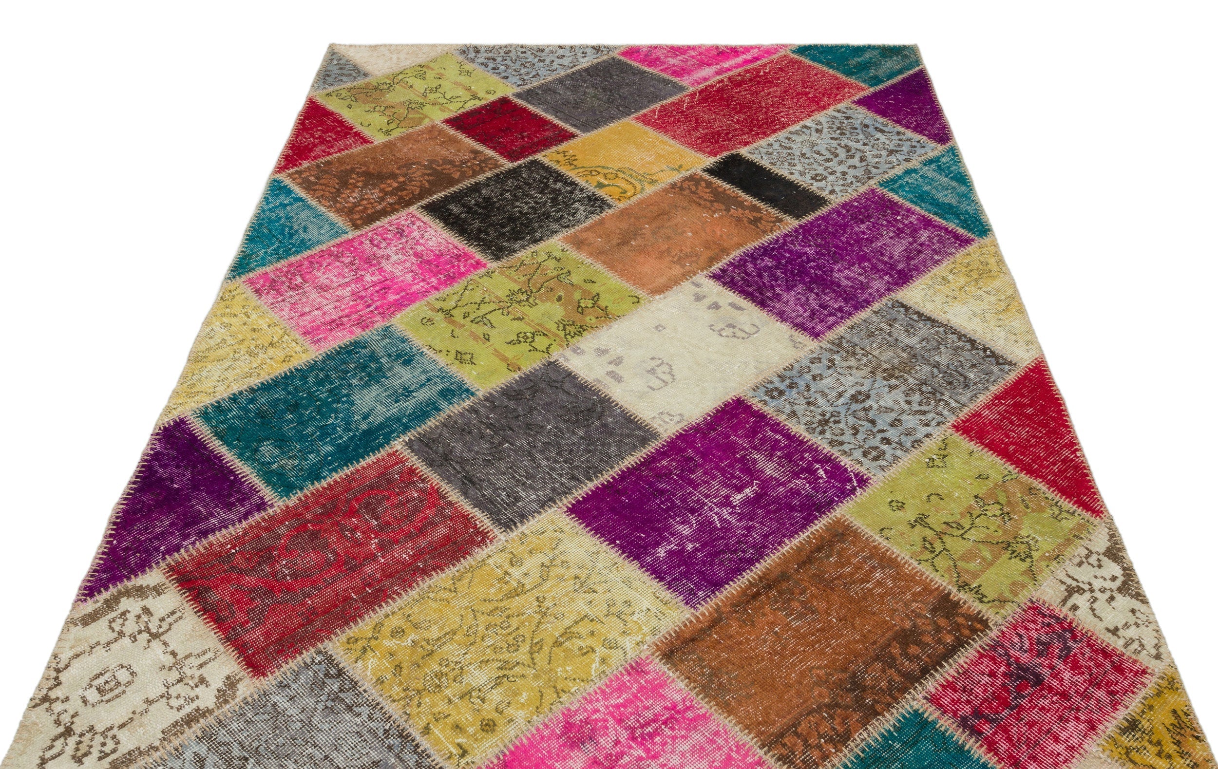 Iskece 22081 Beige Patchwork Wool Handmade Area Rug 5'3" x 7'7"