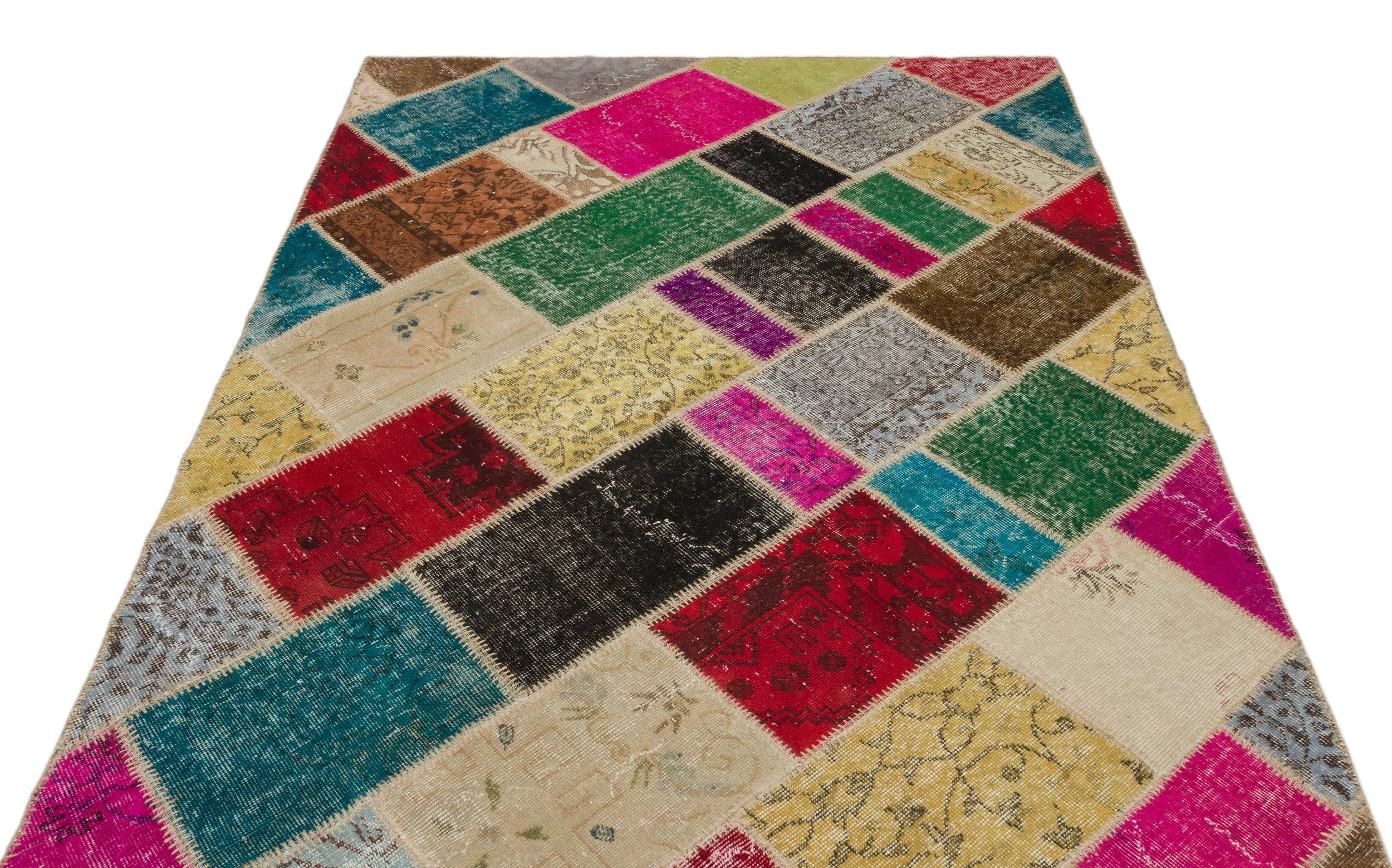 Iskece 22082 Beige Patchwork Wool Handmade Area Rug 5'3" x 7'7"