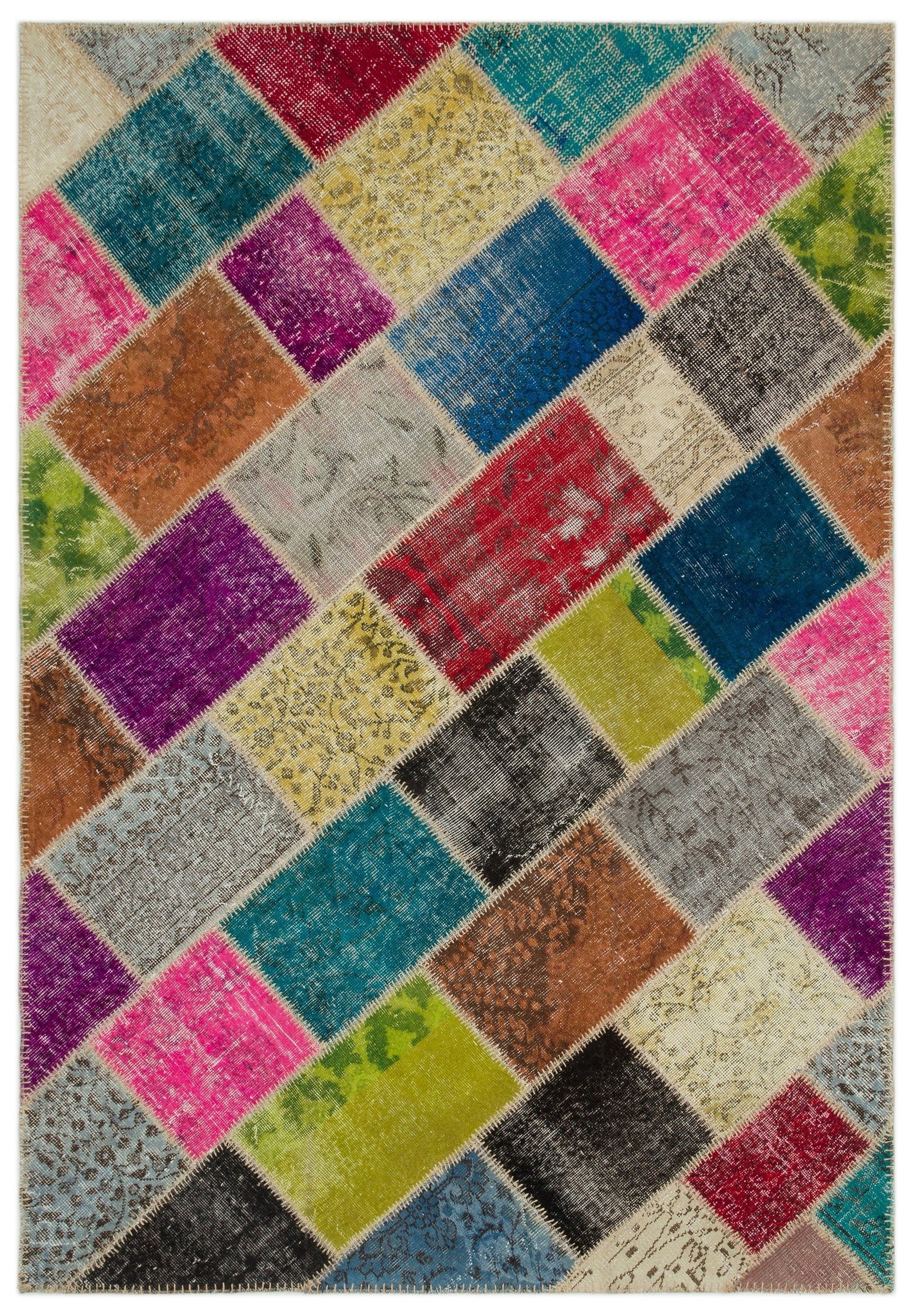 Iskece 22085 Beige Patchwork Wool Handmade Area Rug 5'3" x 7'7"