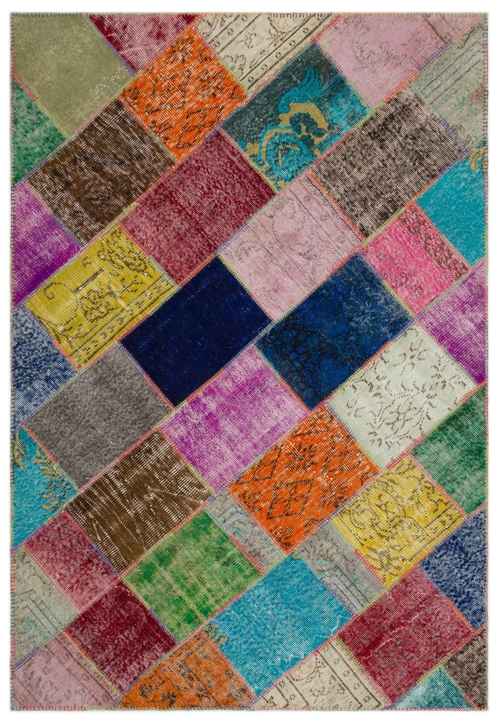 Iskece 22087 Beige Patchwork Wool Handmade Area Rug 5'3" x 7'7"