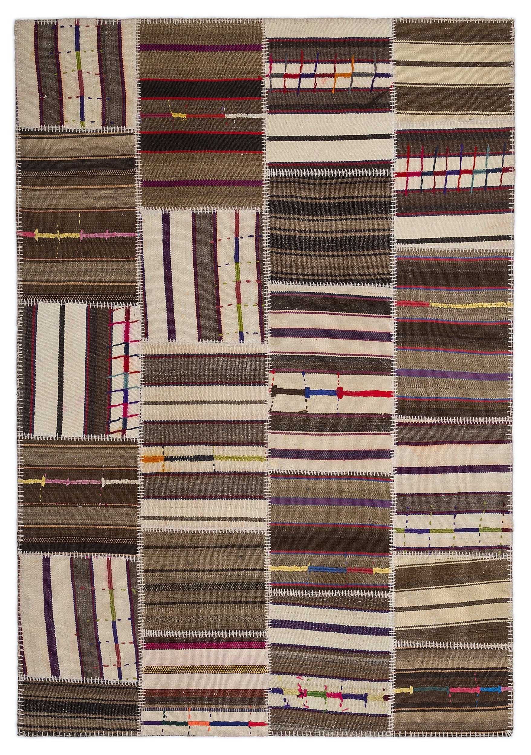 Teselya 2208 Beige Striped Wool Handmade Area Rug 5'3" x 7'7"