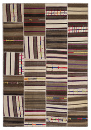 Teselya 2208 Beige Striped Wool Handmade Area Rug 5'3" x 7'7"