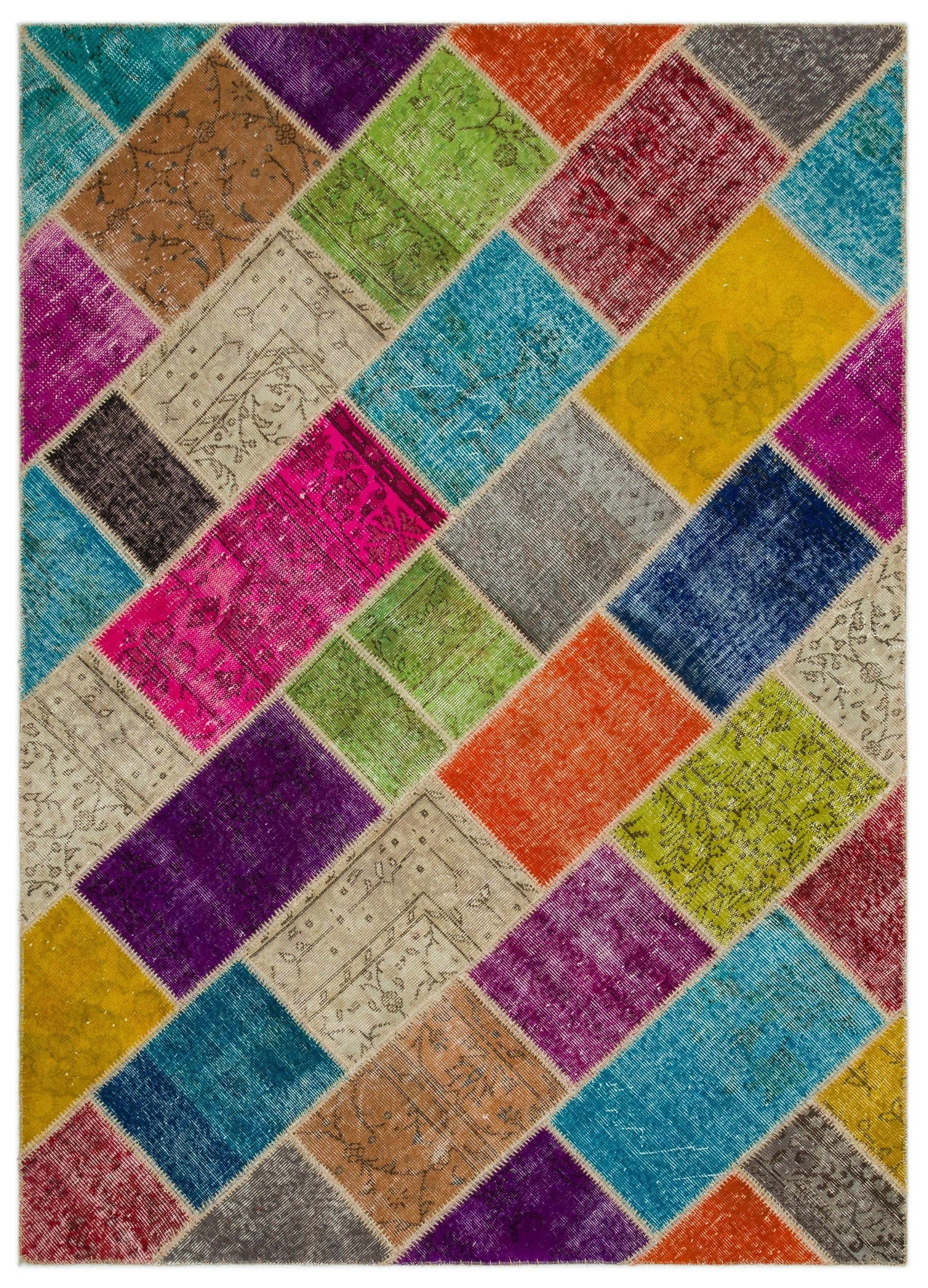 Iskece 22094 Beige Patchwork Wool Handmade Area Rug 5'3" x 7'7"