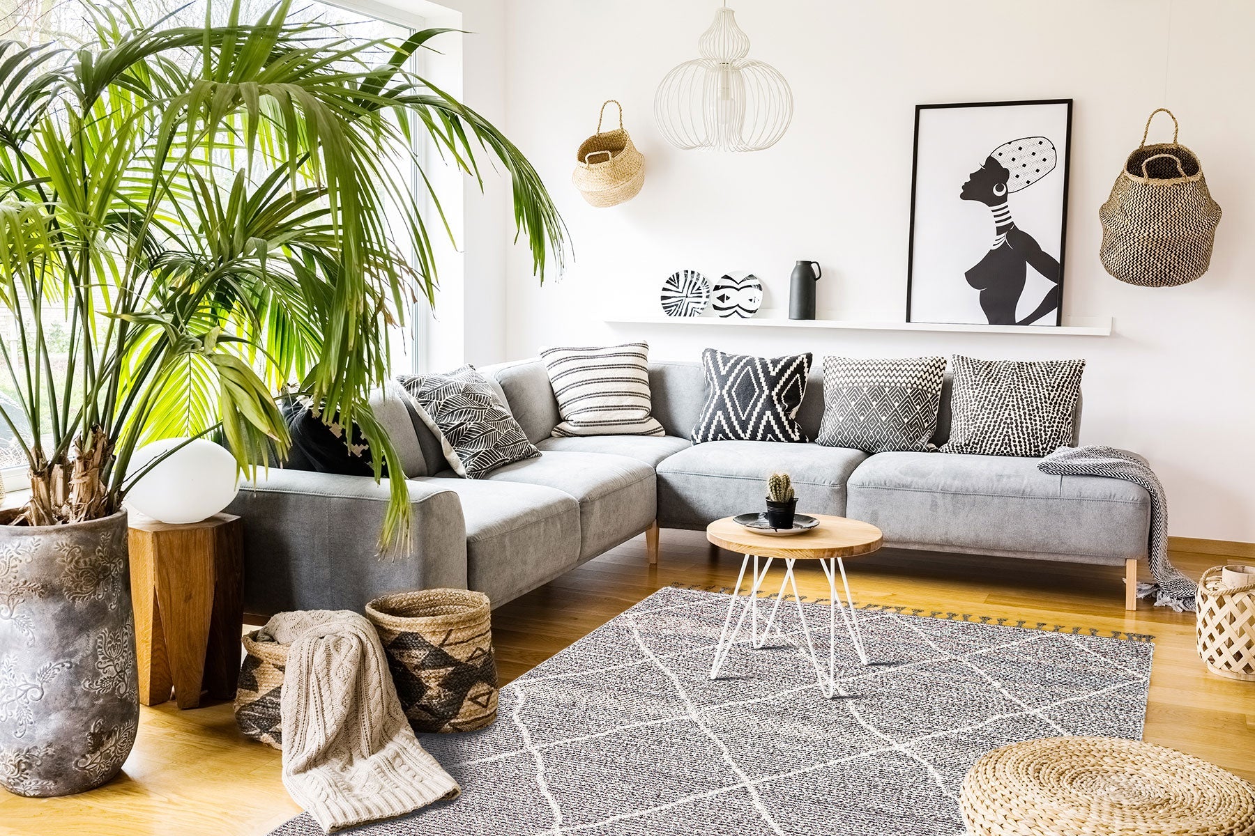 Grey Geometric Area Rug - Machine Made Jute Rug | Dust Free, Easy Clean