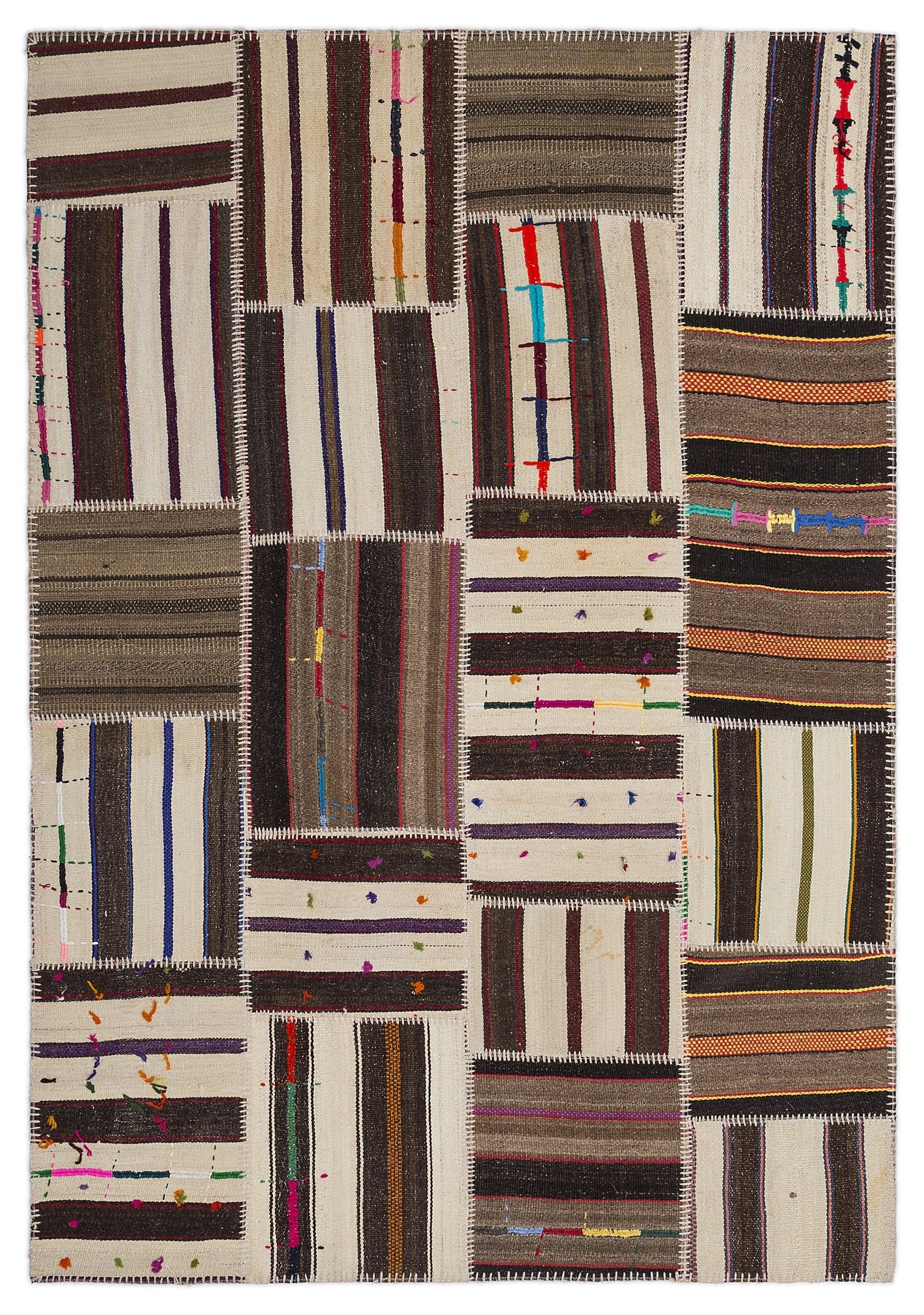 Teselya 2213 Beige Striped Wool Handmade Area Rug 5'3" x 7'7"