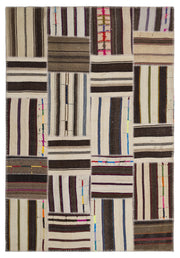 Teselya 2217 Beige Striped Wool Handmade Area Rug 5'3" x 7'7"