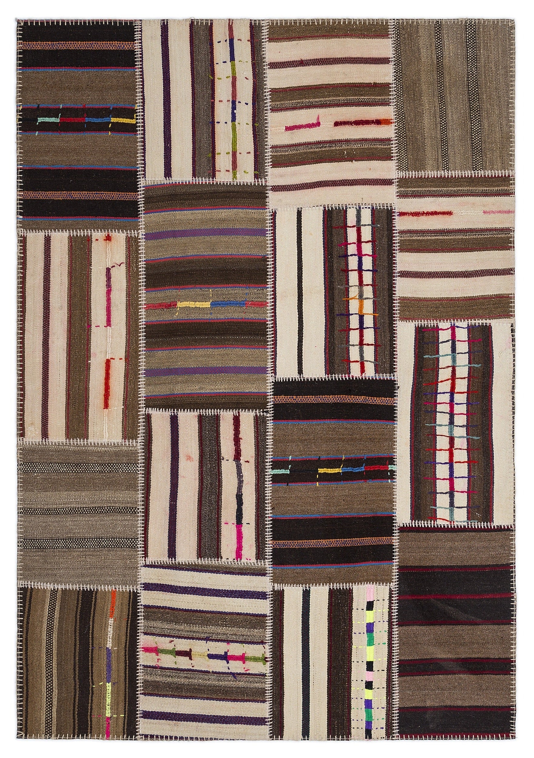 Teselya 2218 Beige Striped Wool Handmade Area Rug 5'3" x 7'7"