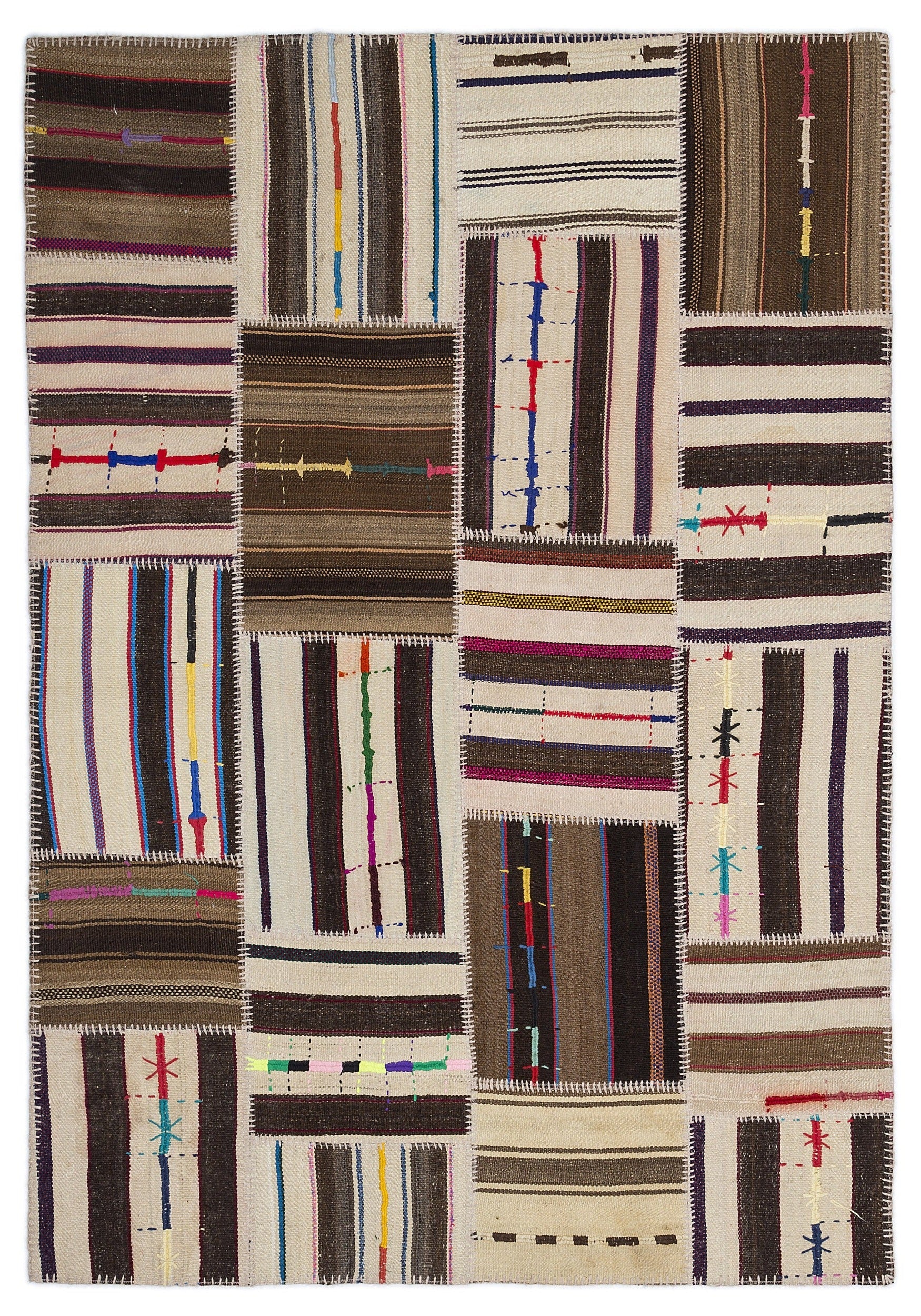 Teselya 2219 Beige Striped Wool Handmade Area Rug 5'3" x 7'7"