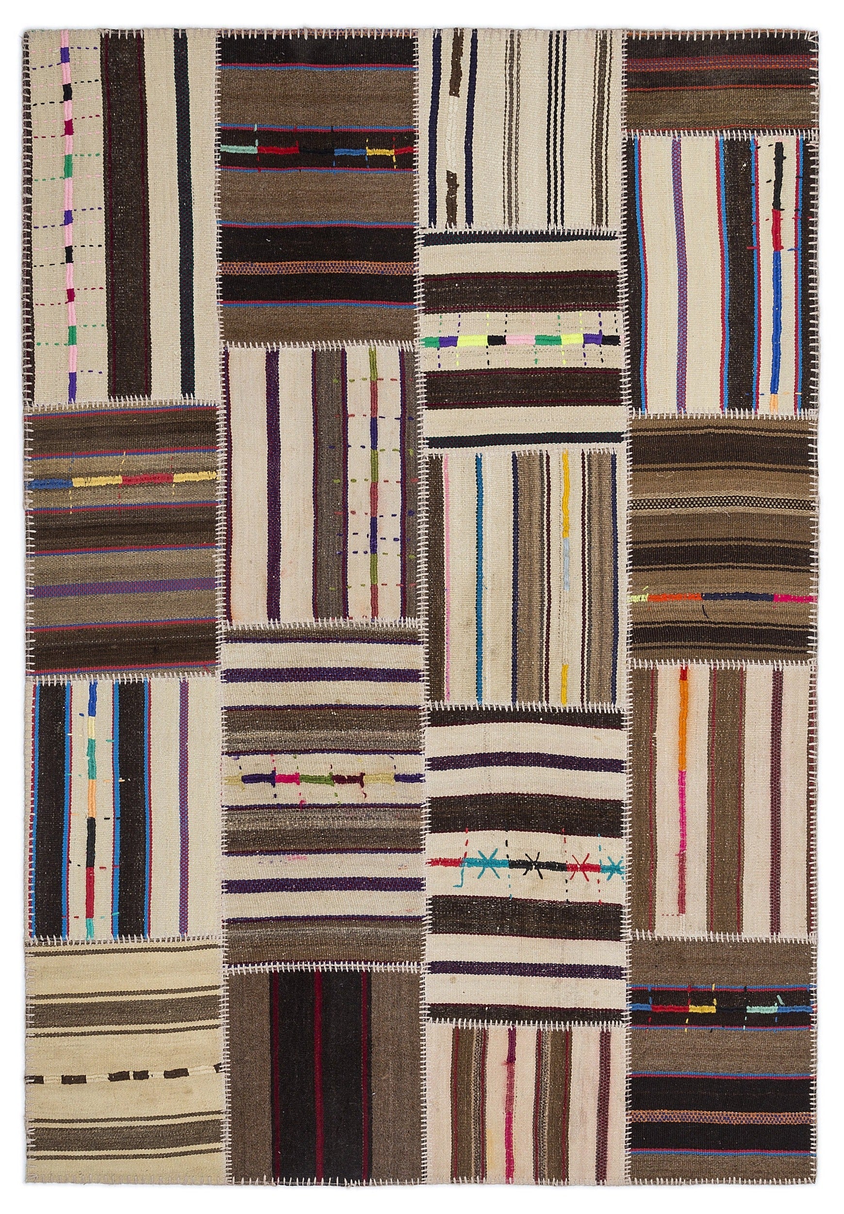 Teselya 2221 Beige Striped Wool Handmade Area Rug 5'3" x 7'7"