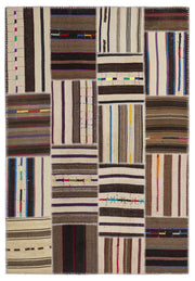 Teselya 2221 Beige Striped Wool Handmade Area Rug 5'3" x 7'7"